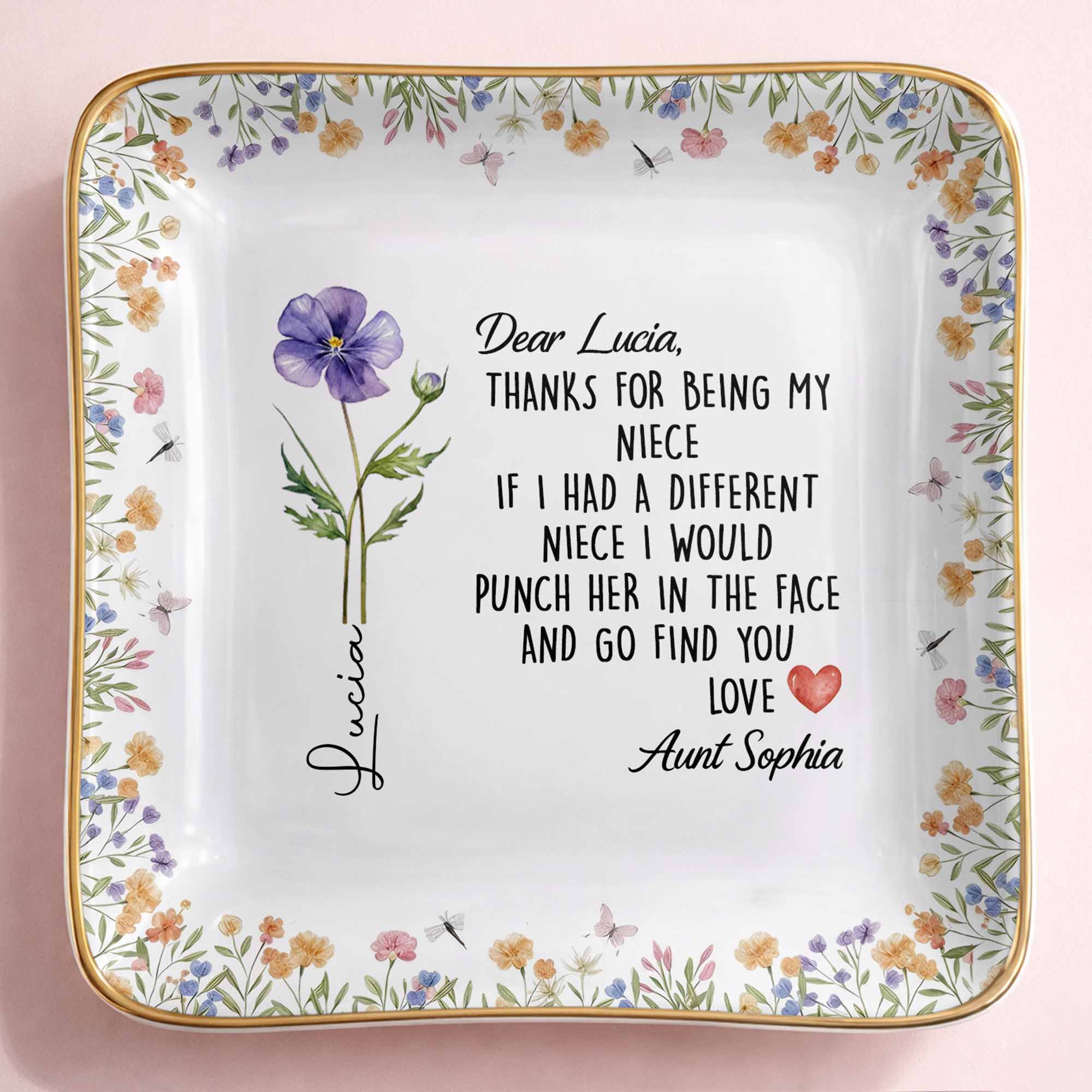 Thanks For Being My Niece Funny Message With Purple Flower - Personalized Custom Jewelry Dish, Ceramic Dish, Square Shape - NCE043_SCRF - Image 8
