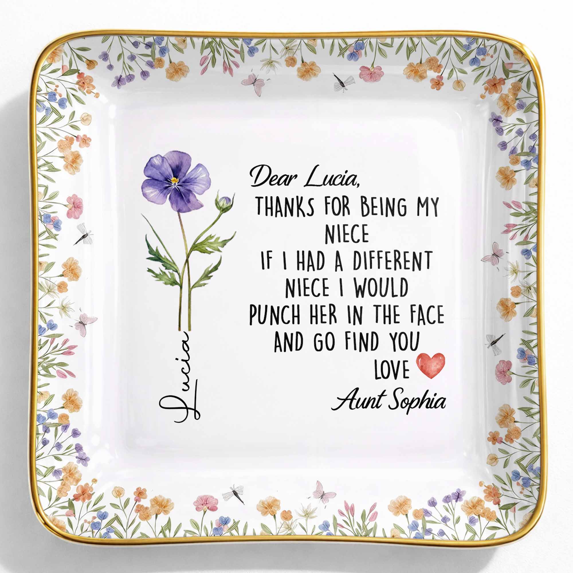 Thanks For Being My Niece Funny Message With Purple Flower - Personalized Custom Jewelry Dish, Ceramic Dish, Square Shape - NCE043_SCRF - Image 9