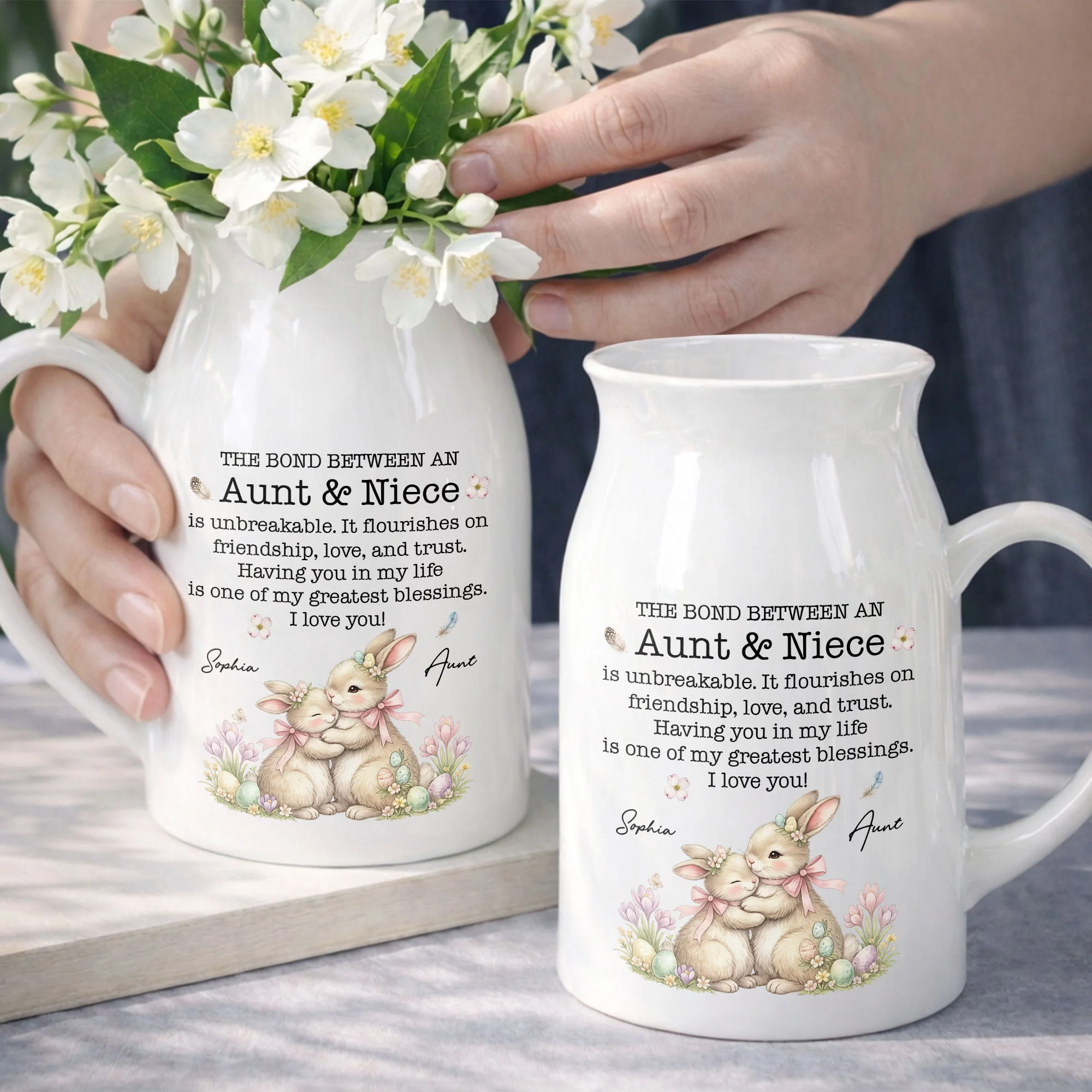 The Bond Between An Aunt And Niece Unbreakable Blessing With Bunnies And Flowers - Personalized Ceramic Flower Vase - NCE044_CEV - Image 5
