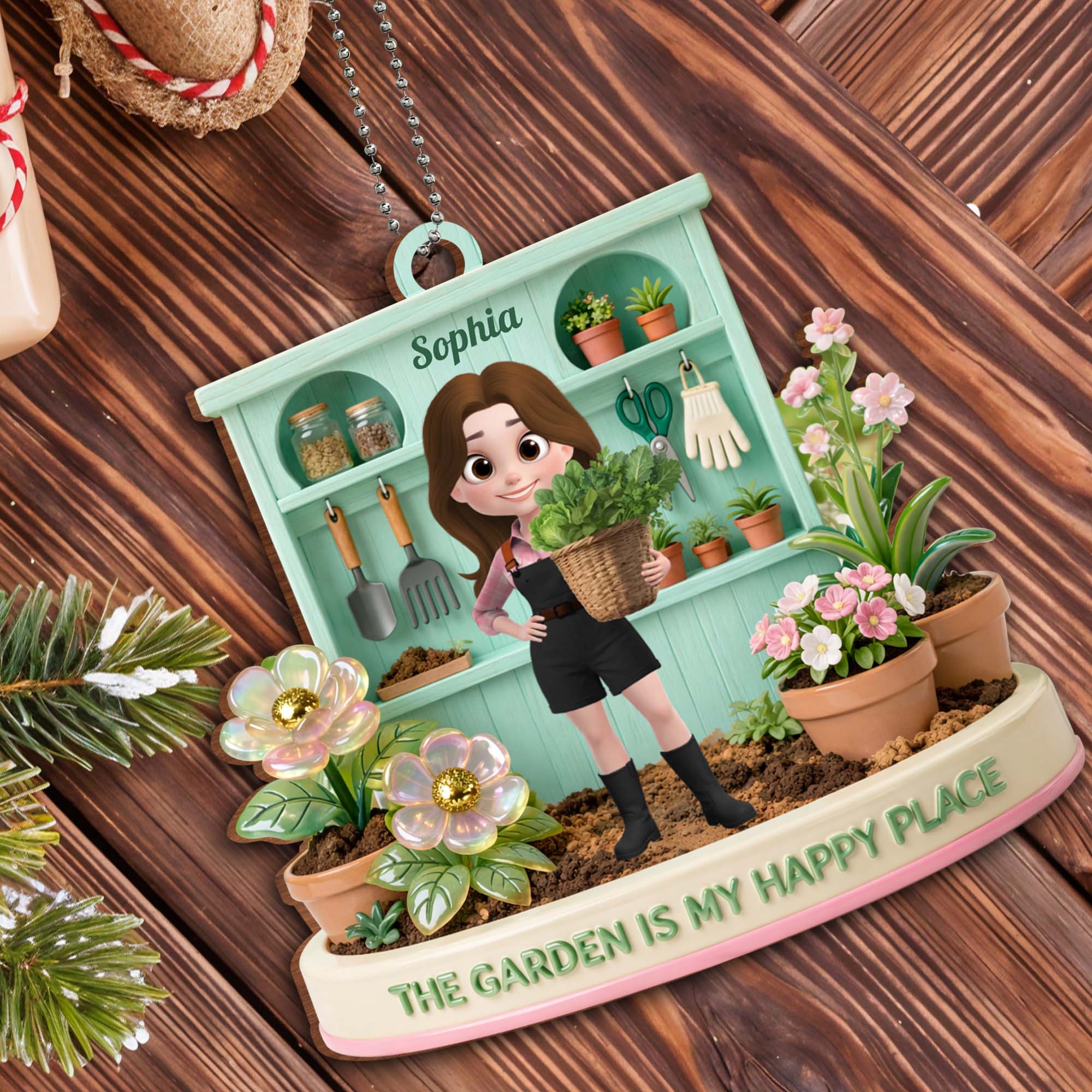 The Garden Is My Happy Place Personalized Girl With Potted Plants And Flowers - Personalized Custom Wood Ornament, Car Hanging Ornament - GAR039_WCA
