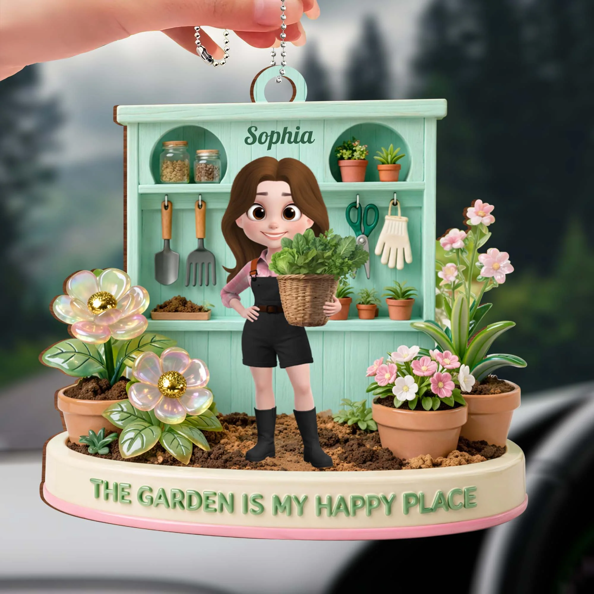 The Garden Is My Happy Place Personalized Girl With Potted Plants And Flowers - Personalized Custom Wood Ornament, Car Hanging Ornament - GAR039_WCA - Image 2
