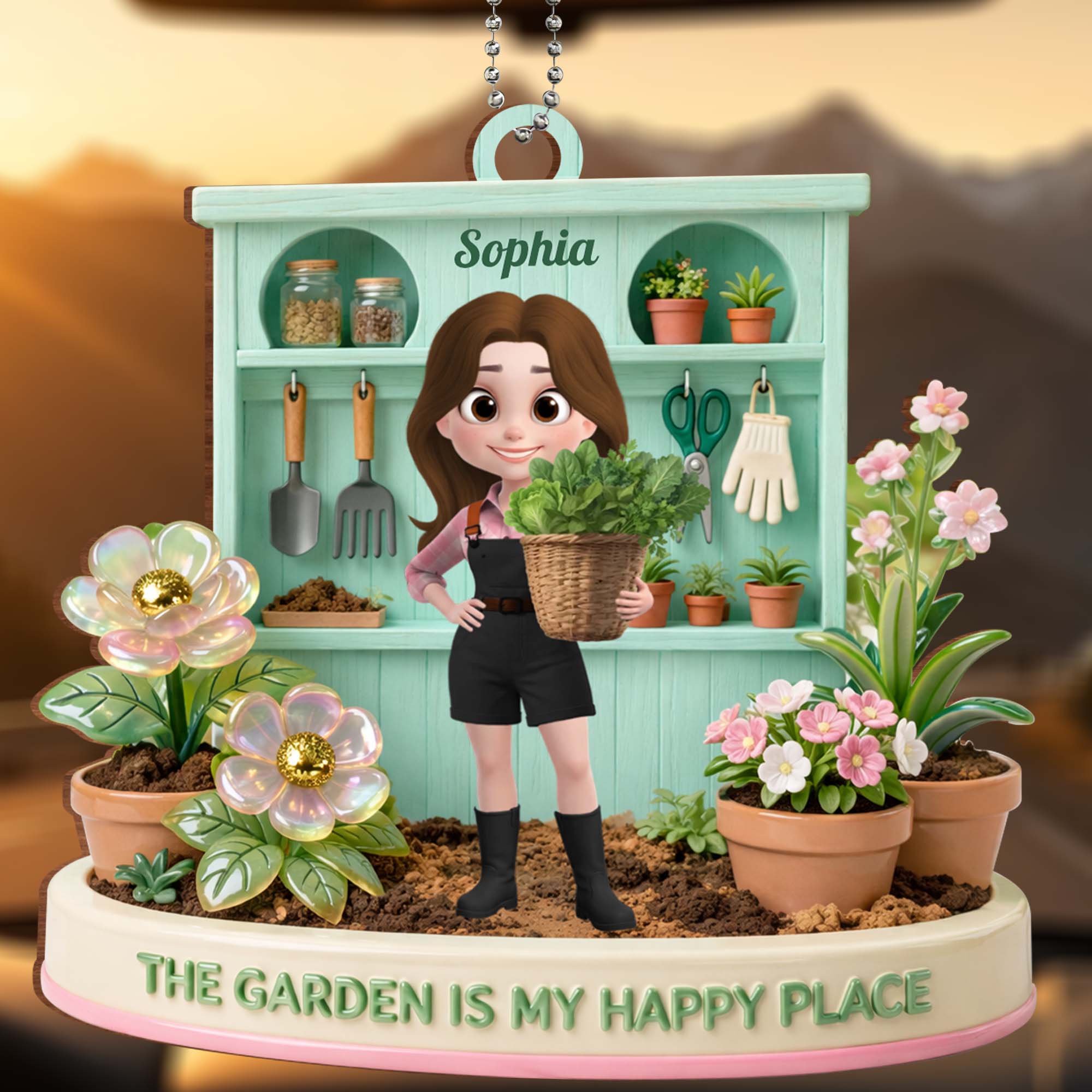 The Garden Is My Happy Place Personalized Girl With Potted Plants And Flowers - Personalized Custom Wood Ornament, Car Hanging Ornament - GAR039_WCA - Image 4