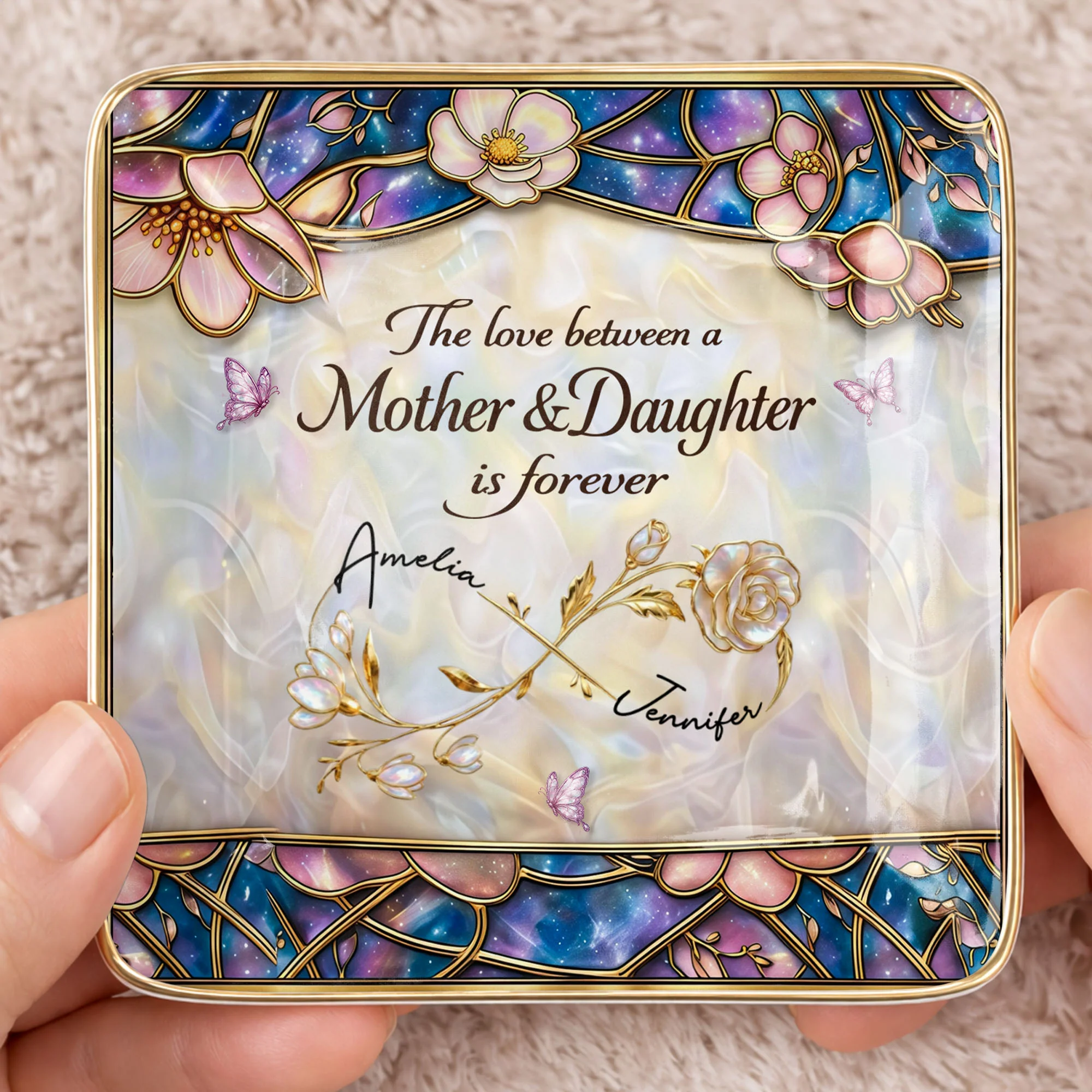 The Love Between A Mother And Daughter Is Forever Flower Butterfly Dish - Personalized Custom Jewelry Dish, Ceramic Dish, Square Shape - MOM196_SCRF - Image 2