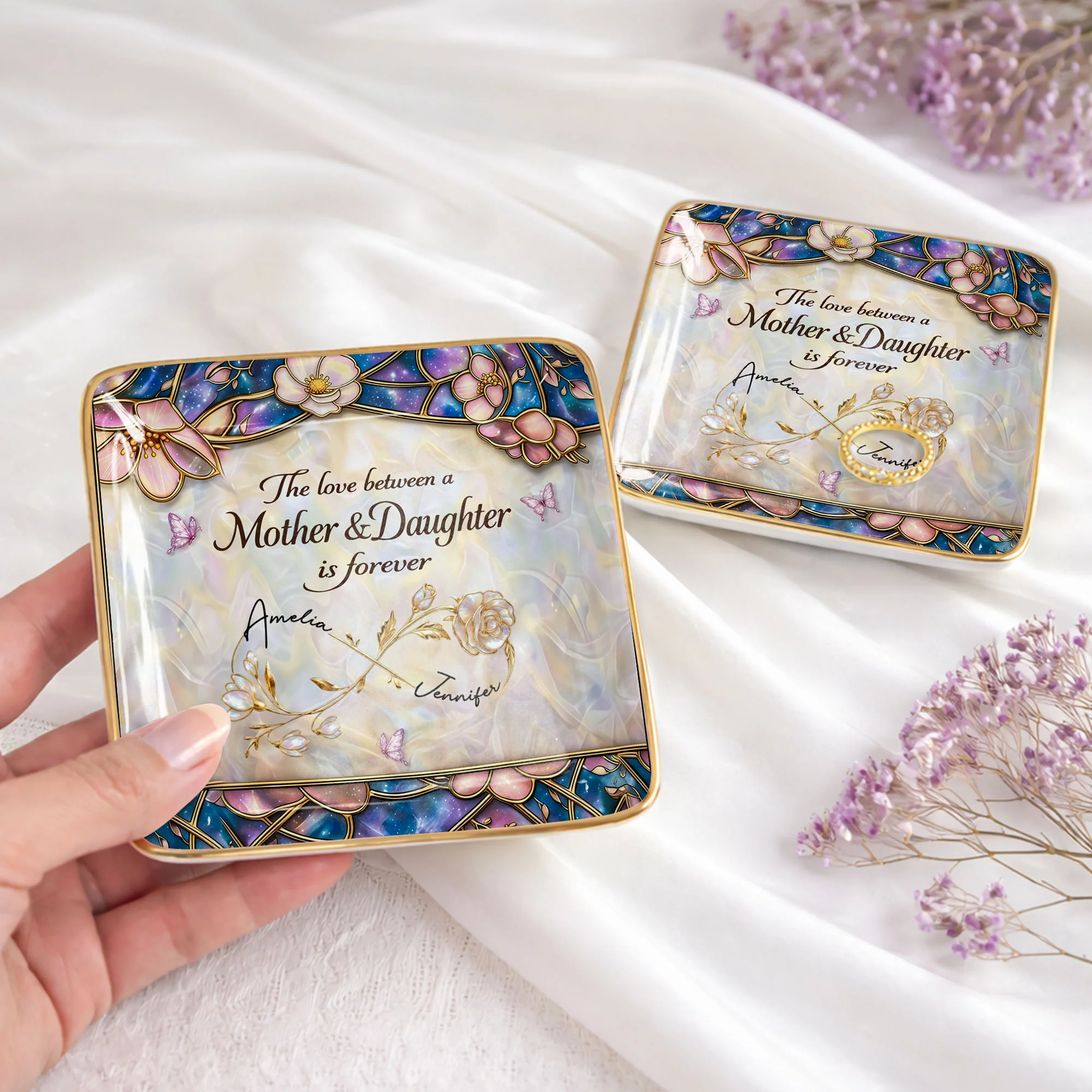 The Love Between A Mother And Daughter Is Forever Flower Butterfly Dish - Personalized Custom Jewelry Dish, Ceramic Dish, Square Shape - MOM196_SCRF - Image 4