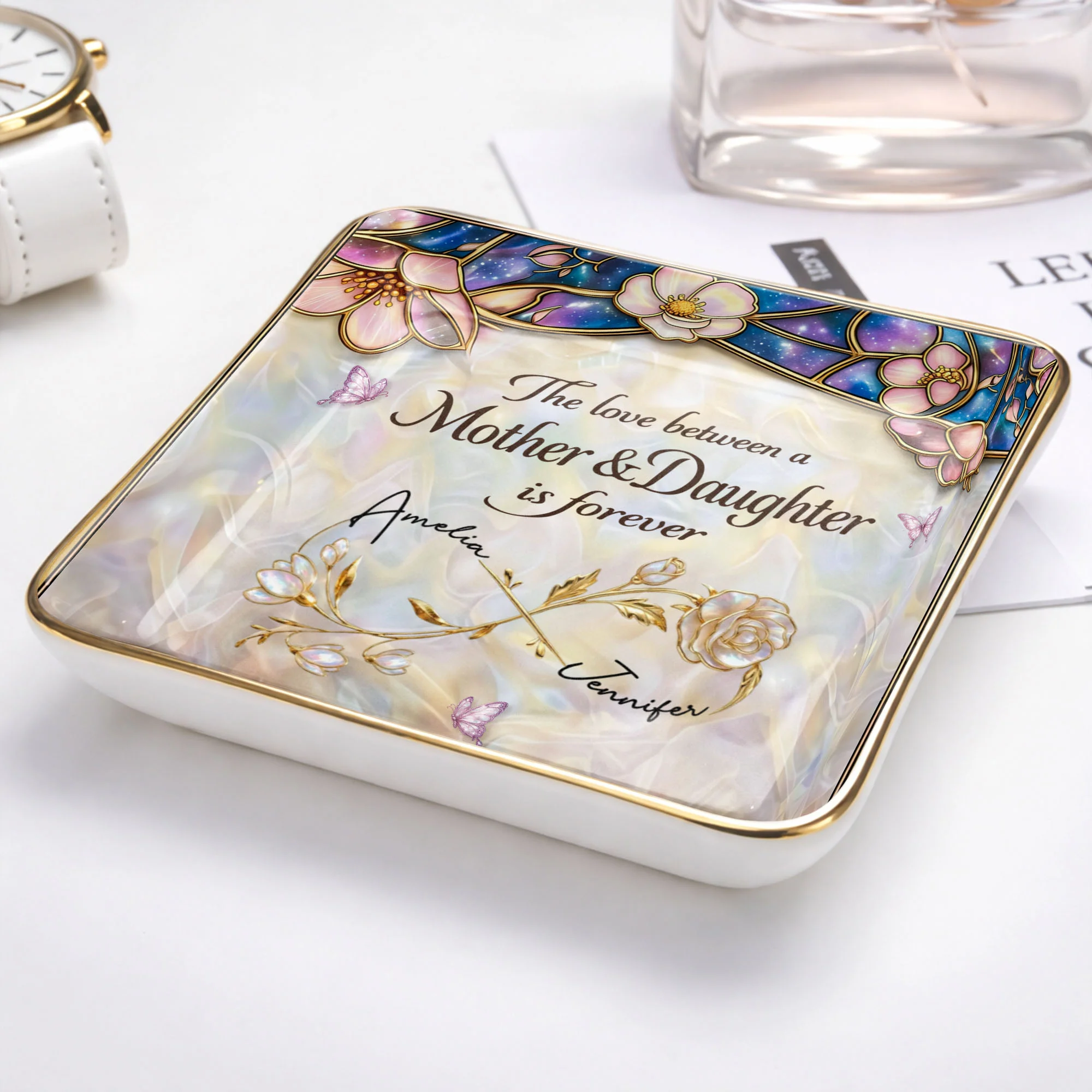 The Love Between A Mother And Daughter Is Forever Flower Butterfly Dish - Personalized Custom Jewelry Dish, Ceramic Dish, Square Shape - MOM196_SCRF - Image 5