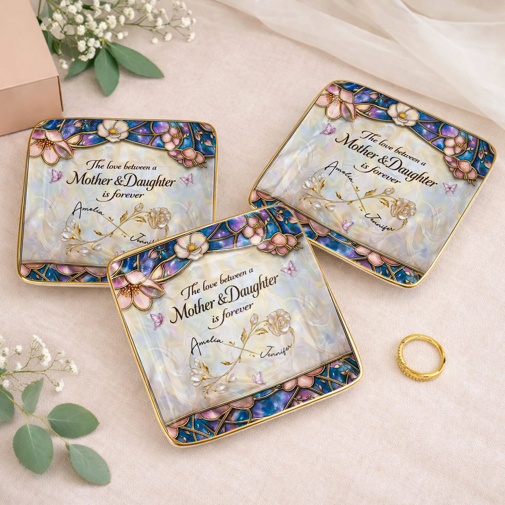The Love Between A Mother And Daughter Is Forever Flower Butterfly Dish - Personalized Custom Jewelry Dish, Ceramic Dish, Square Shape - MOM196_SCRF - Image 6