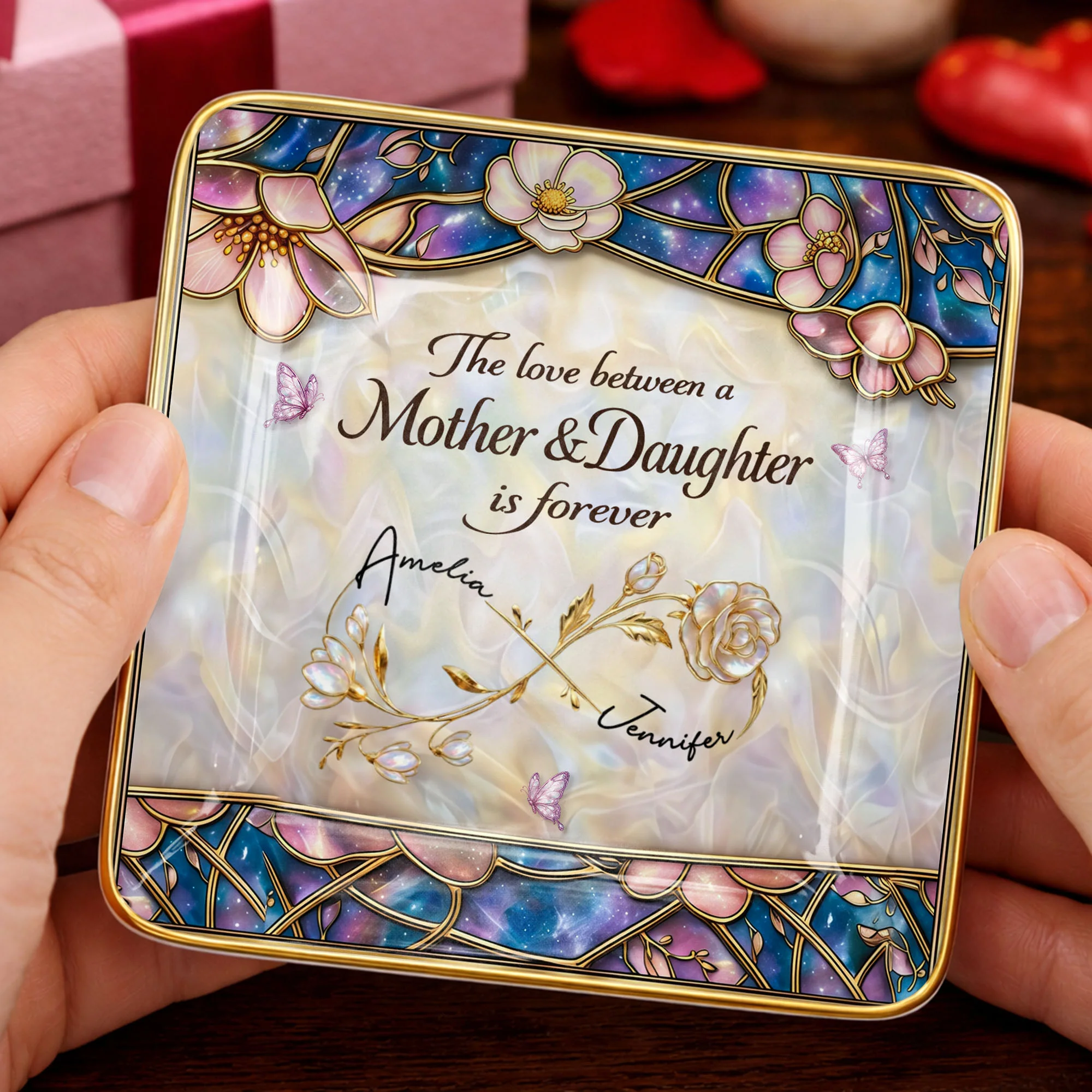 The Love Between A Mother And Daughter Is Forever Flower Butterfly Dish - Personalized Custom Jewelry Dish, Ceramic Dish, Square Shape - MOM196_SCRF - Image 7