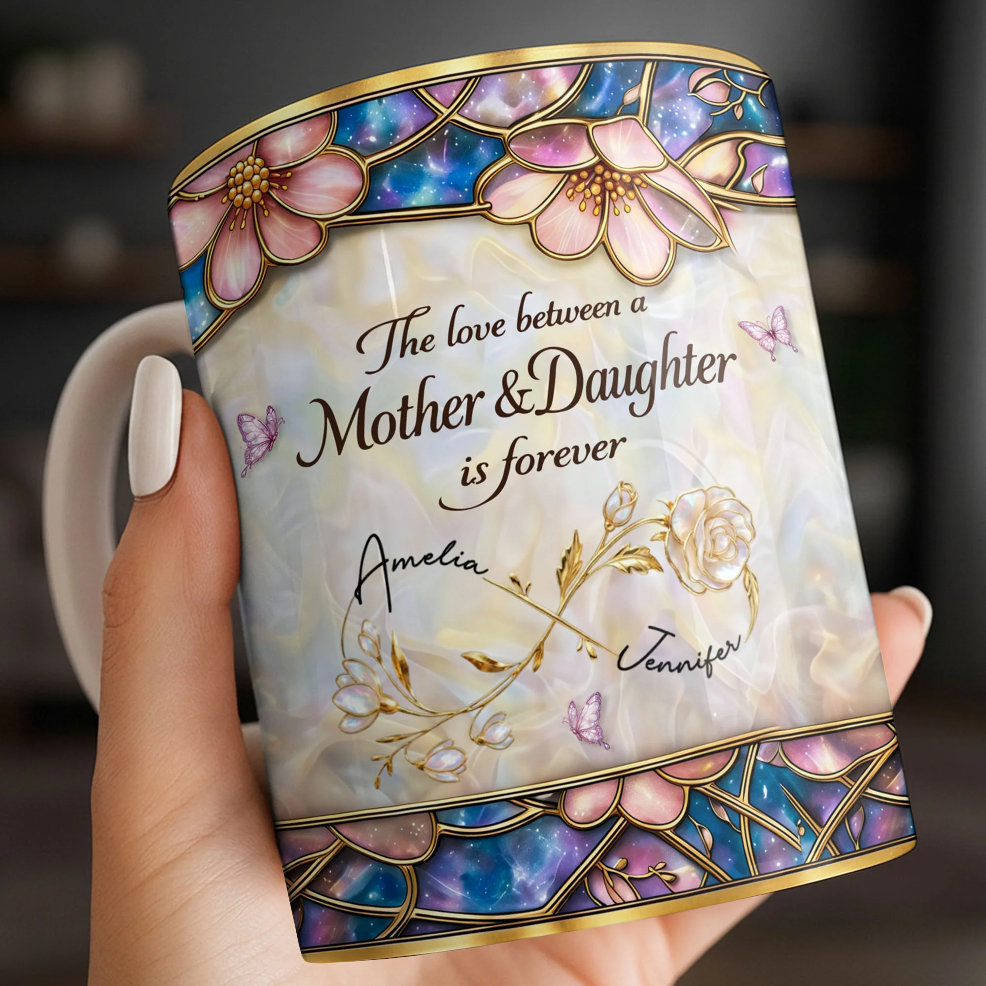 The Love Between A Mother And Daughter Is Forever Flowers And Butterflies - Personalized Custom Coffee Mug - MOM196_MG - Image 2