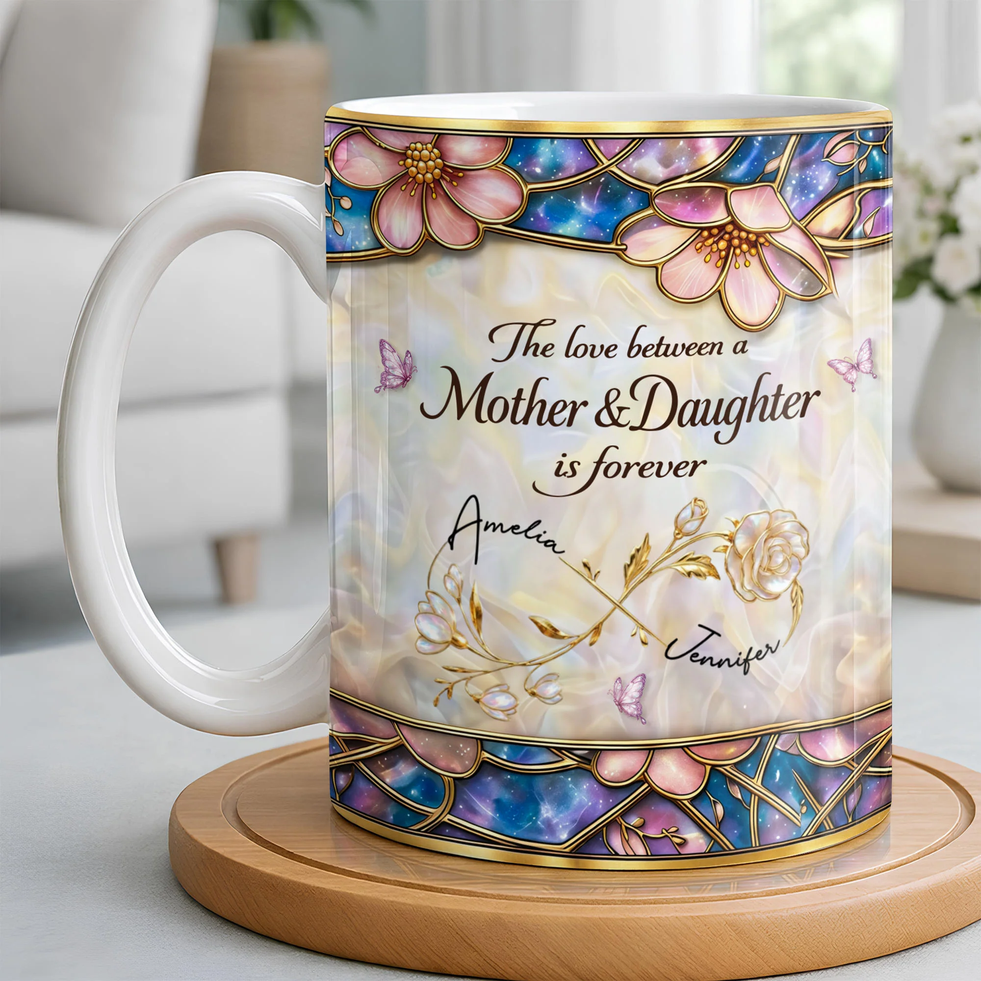 The Love Between A Mother And Daughter Is Forever Flowers And Butterflies - Personalized Custom Coffee Mug - MOM196_MG - Image 3