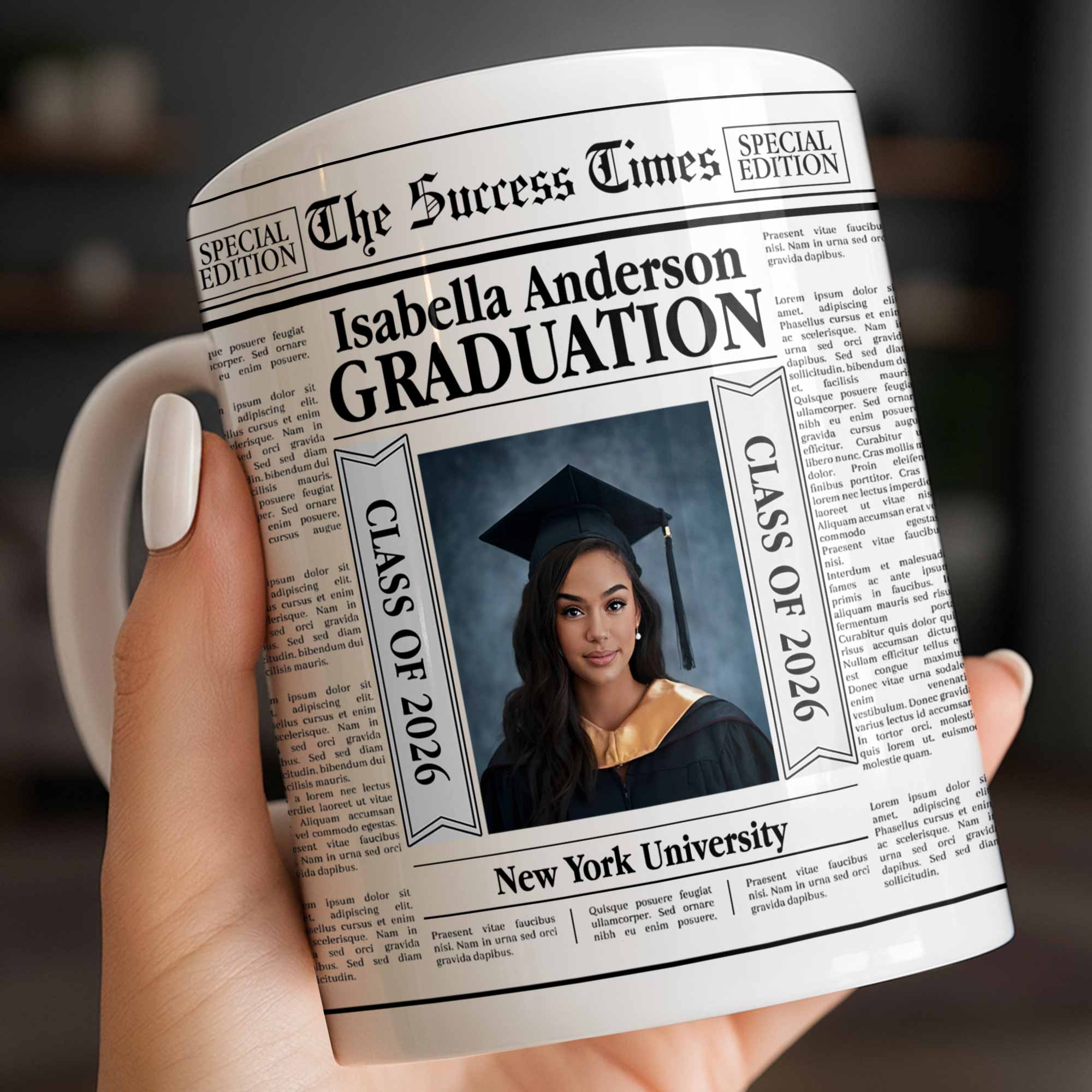 The Success Times Graduation Newspaper Design With Custom Photo And University - Personalized Custom Coffee Mug - GRAD365_MG - Image 2