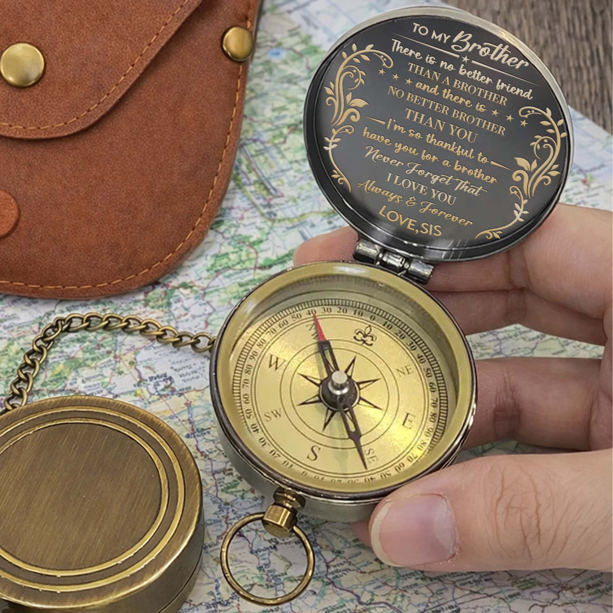 To My Brother There Is No Better Friend Monogram Floral Compass - Personalized Engraved Brass Compass - BRT030_ECPASS - Image 6