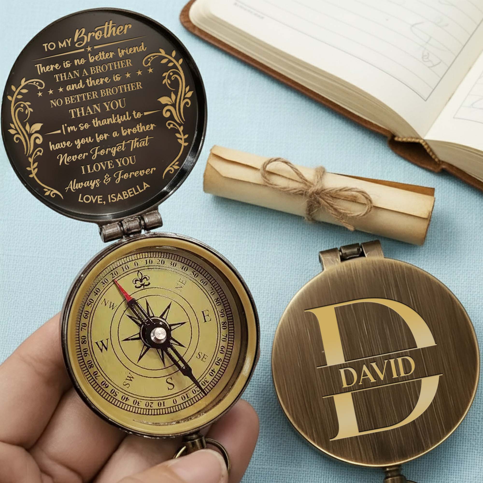 To My Brother There Is No Better Friend Monogram Floral Compass - Personalized Engraved Brass Compass - BRT030_ECPASS - Image 7