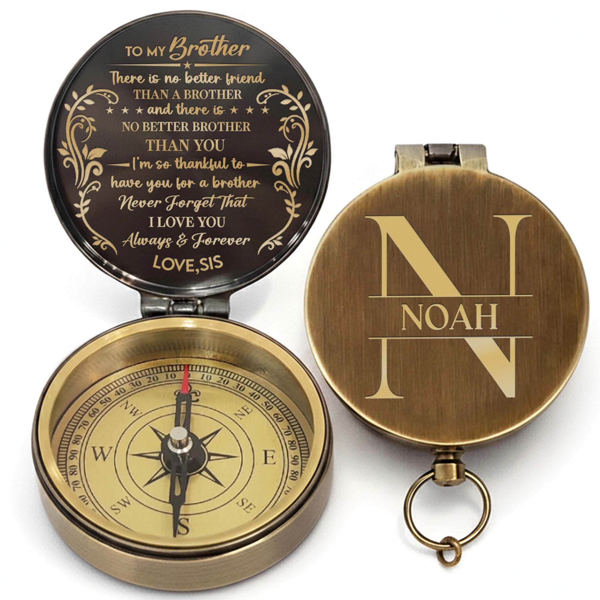 To My Brother There Is No Better Friend Monogram Floral Compass - Personalized Engraved Brass Compass - BRT030_ECPASS - Image 9