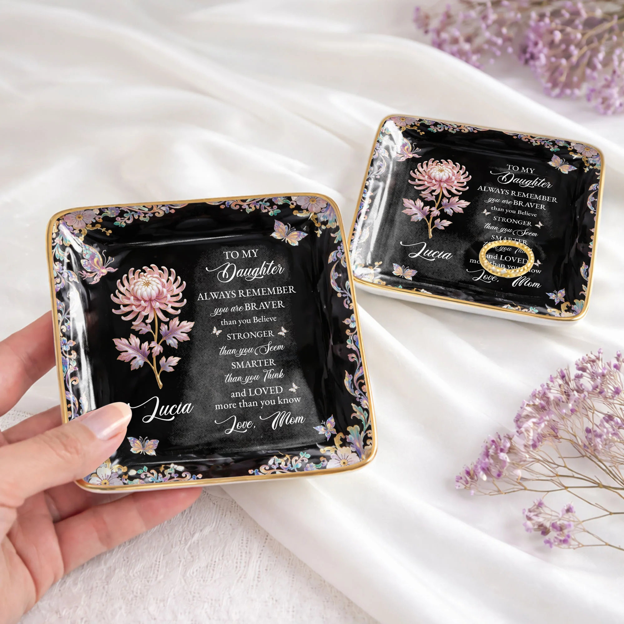 To My Daughter Always Remember Braver Stronger Smarter Flower Butterfly - Personalized Custom Jewelry Dish, Ceramic Dish, Square Shape - DAU337_SCRF - Image 4