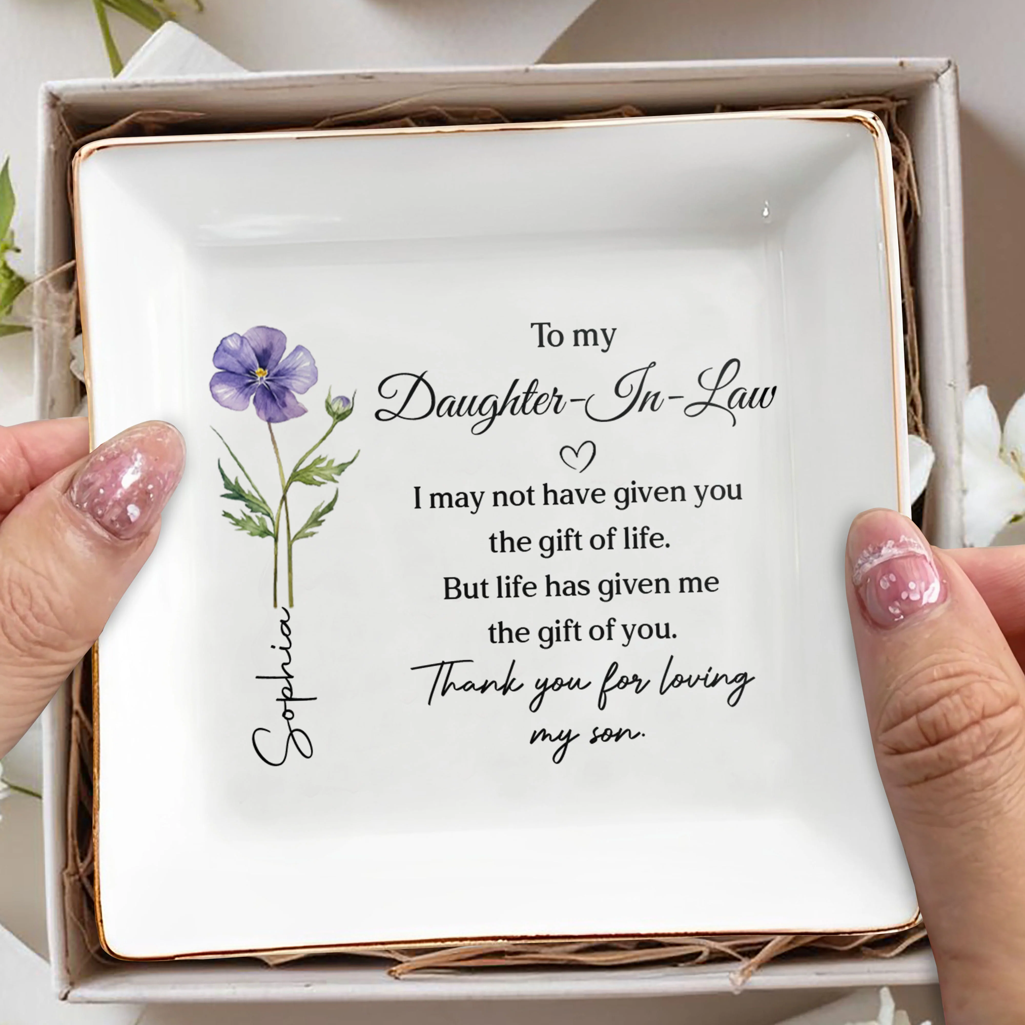 To My Daughter In Law Life Has Given Me The Gift Of You Flower - Personalized Custom Jewelry Dish, Square Ceramic Dish - DILA093_SCRD - Image 7