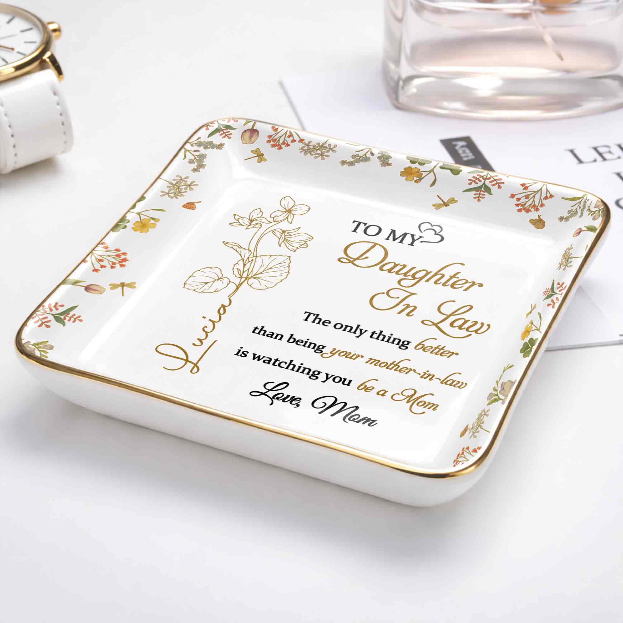 To My Daughter In Law The Only Thing Better Flower Jewelry Trinket - Personalized Custom Jewelry Dish, Ceramic Dish, Square Shape - DILA092_SCRF - Image 5