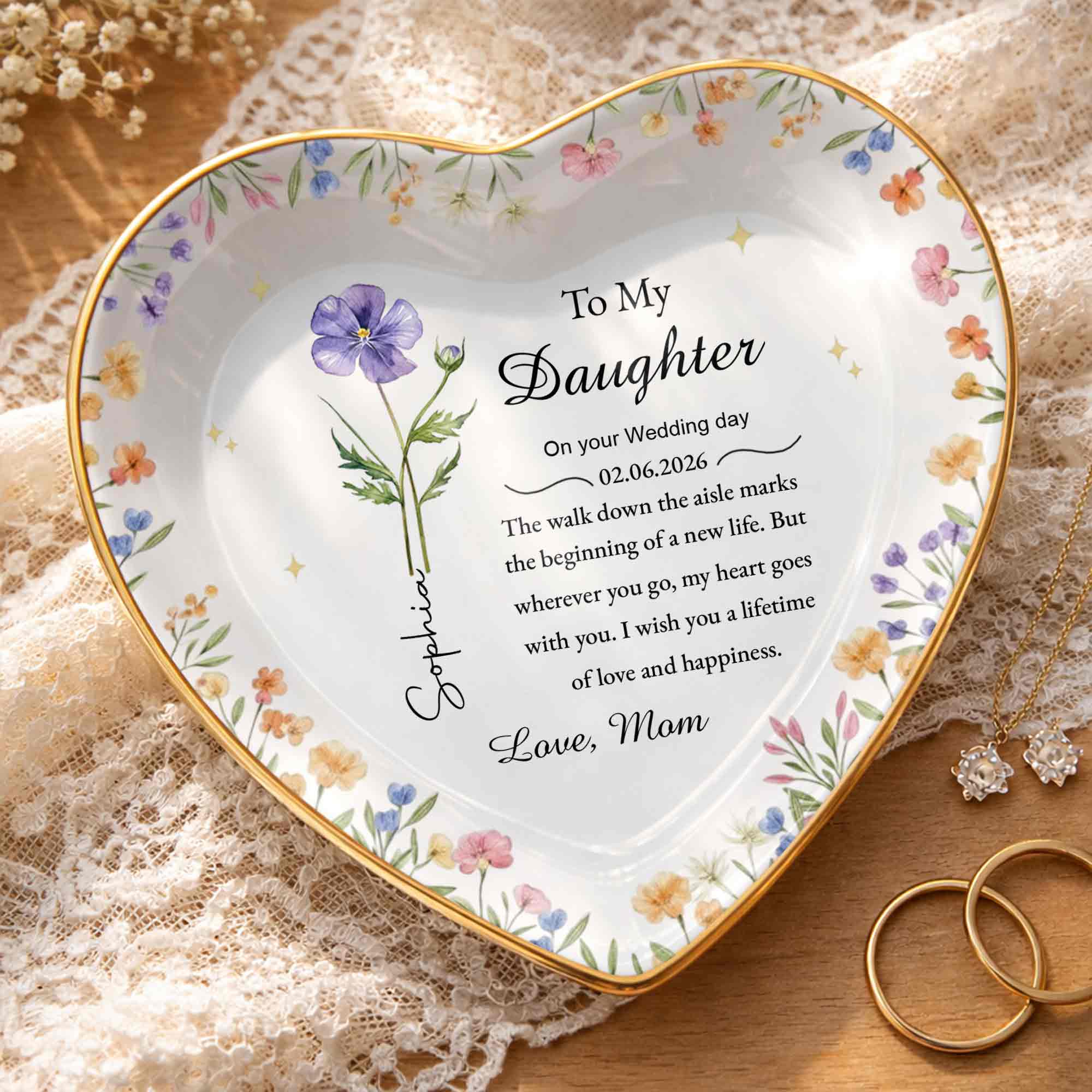 To My Daughter On Your Wedding Day Floral Heart Jewelry Dish - Personalized Custom Jewelry Dish, Ceramic Dish, Heart Shape - DAU322_HCRF