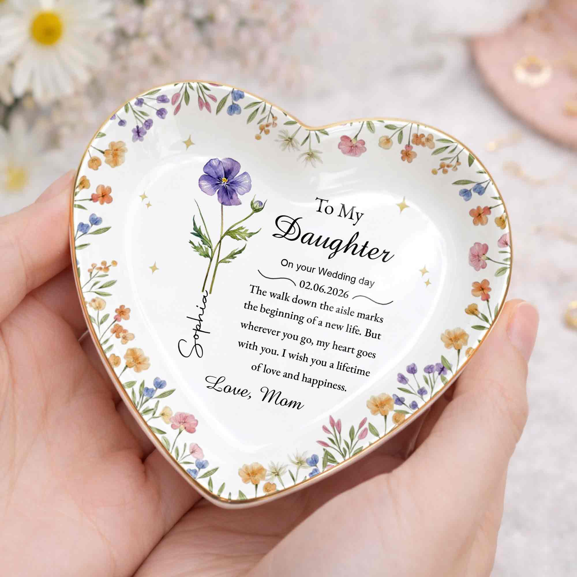 To My Daughter On Your Wedding Day Floral Heart Jewelry Dish - Personalized Custom Jewelry Dish, Ceramic Dish, Heart Shape - DAU322_HCRF - Image 2