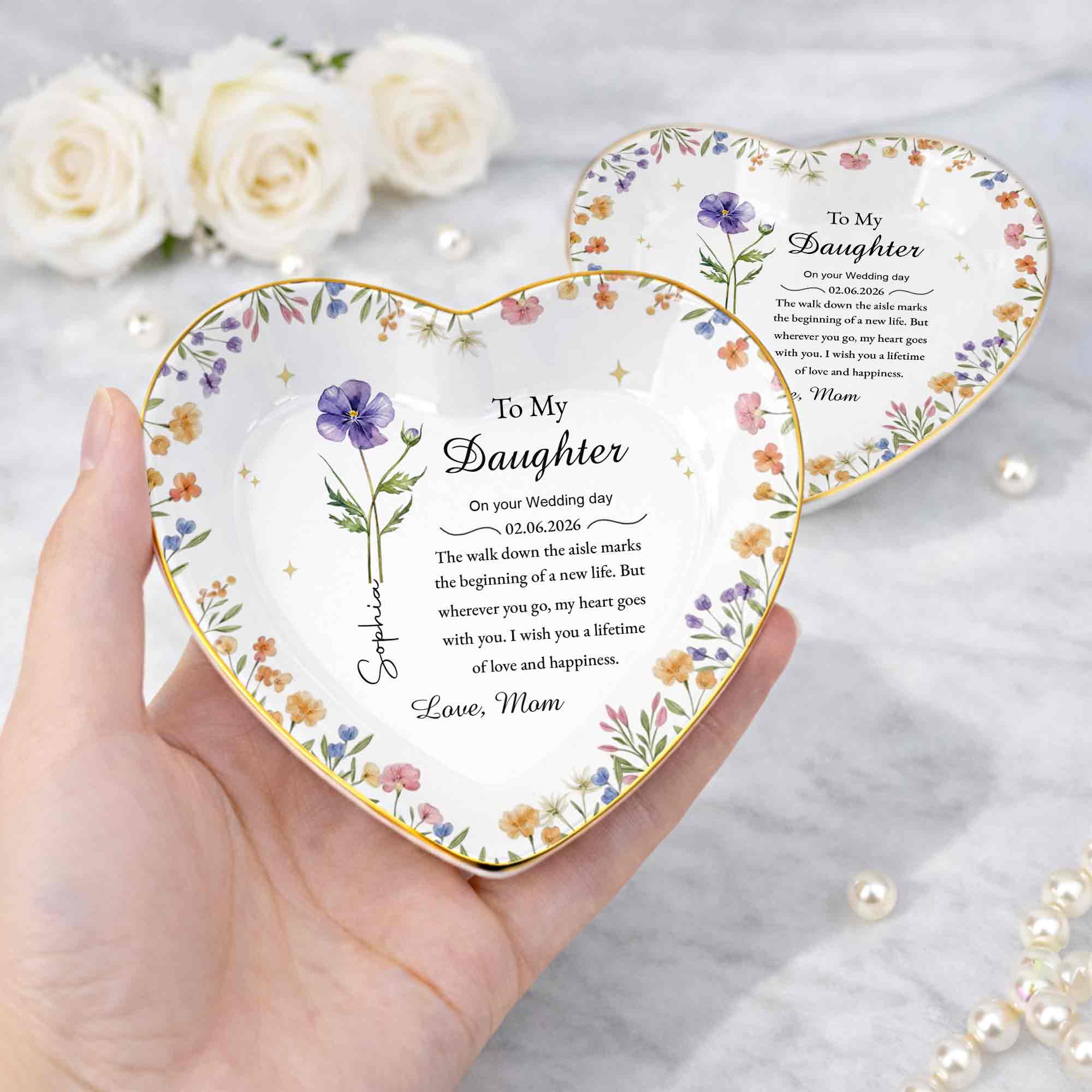 To My Daughter On Your Wedding Day Floral Heart Jewelry Dish - Personalized Custom Jewelry Dish, Ceramic Dish, Heart Shape - DAU322_HCRF - Image 4