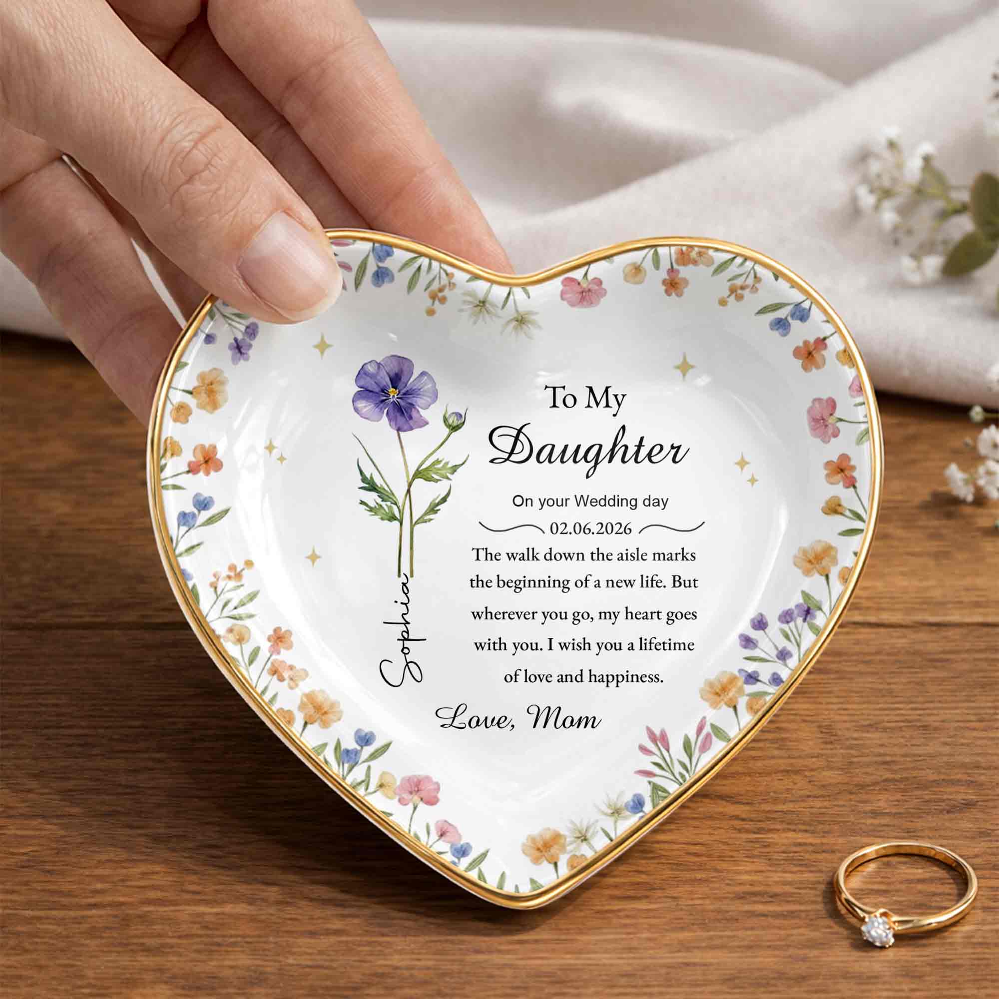 To My Daughter On Your Wedding Day Floral Heart Jewelry Dish - Personalized Custom Jewelry Dish, Ceramic Dish, Heart Shape - DAU322_HCRF - Image 7