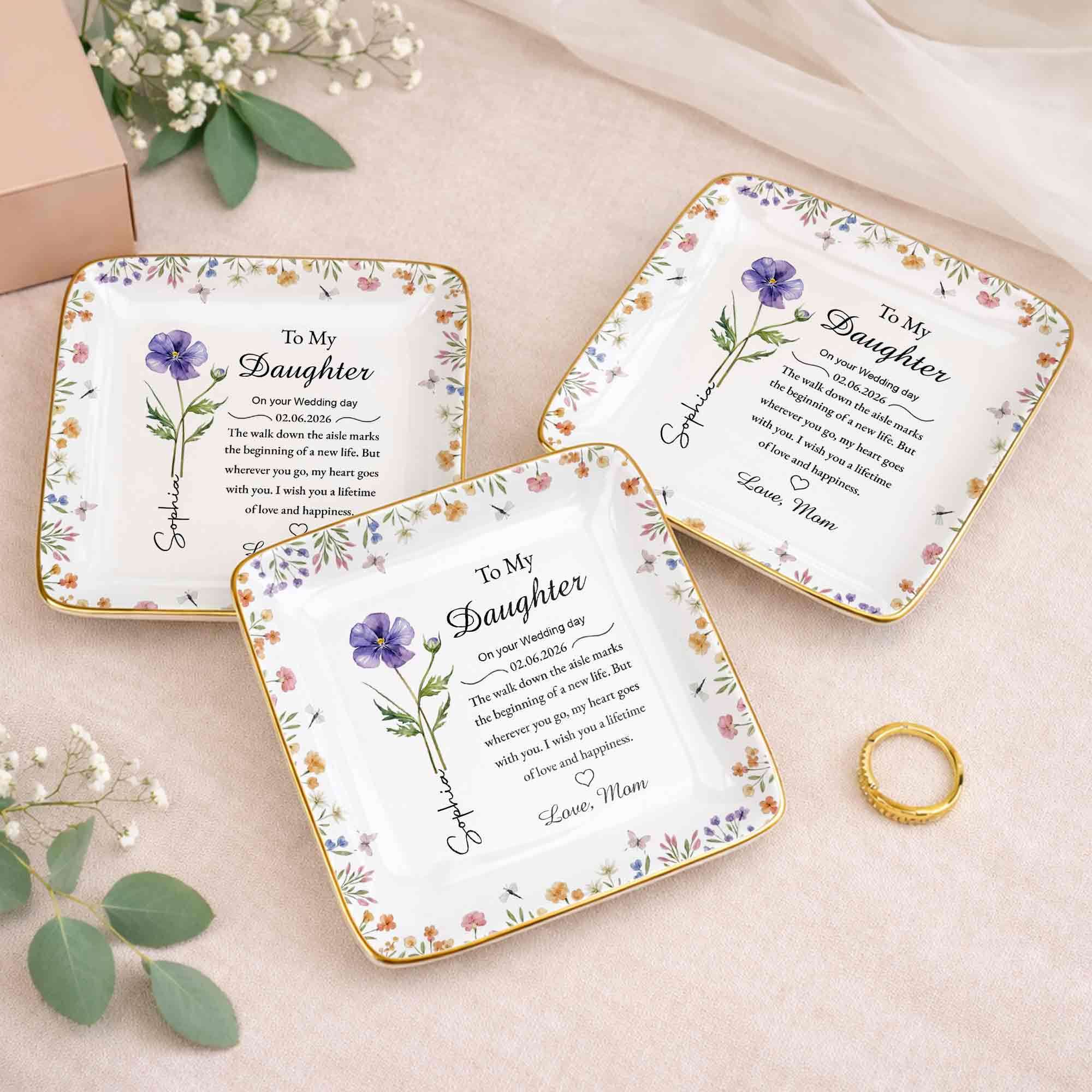 To My Daughter On Your Wedding Day Flower And Butterfly Jewelry Dish - Personalized Custom Jewelry Dish, Ceramic Dish, Square Shape - DAU322_SCRF - Image 6
