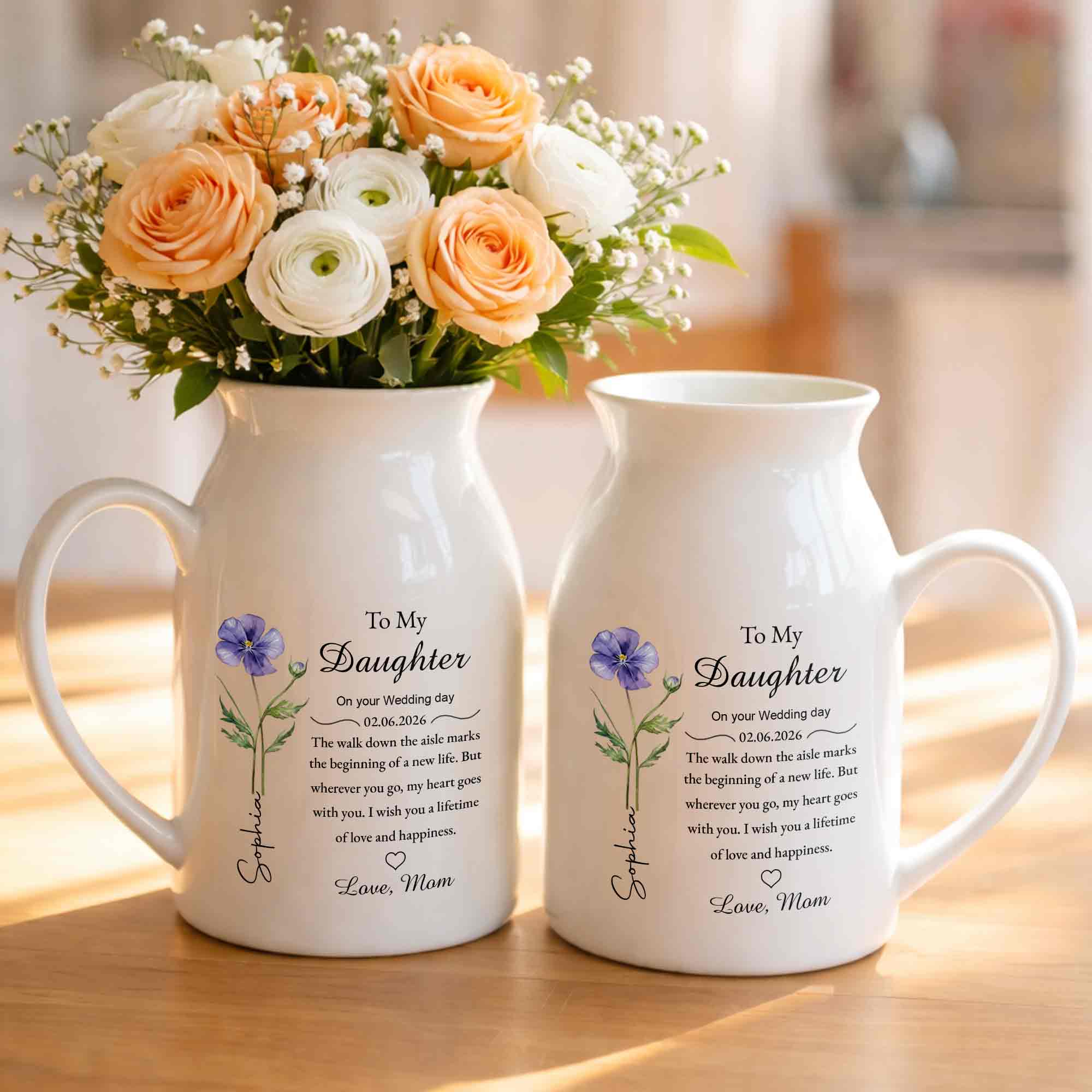 To My Daughter On Your Wedding Day Flower Heart Ceramic Pitcher - Personalized Ceramic Flower Vase - DAU322_CEV - Image 5