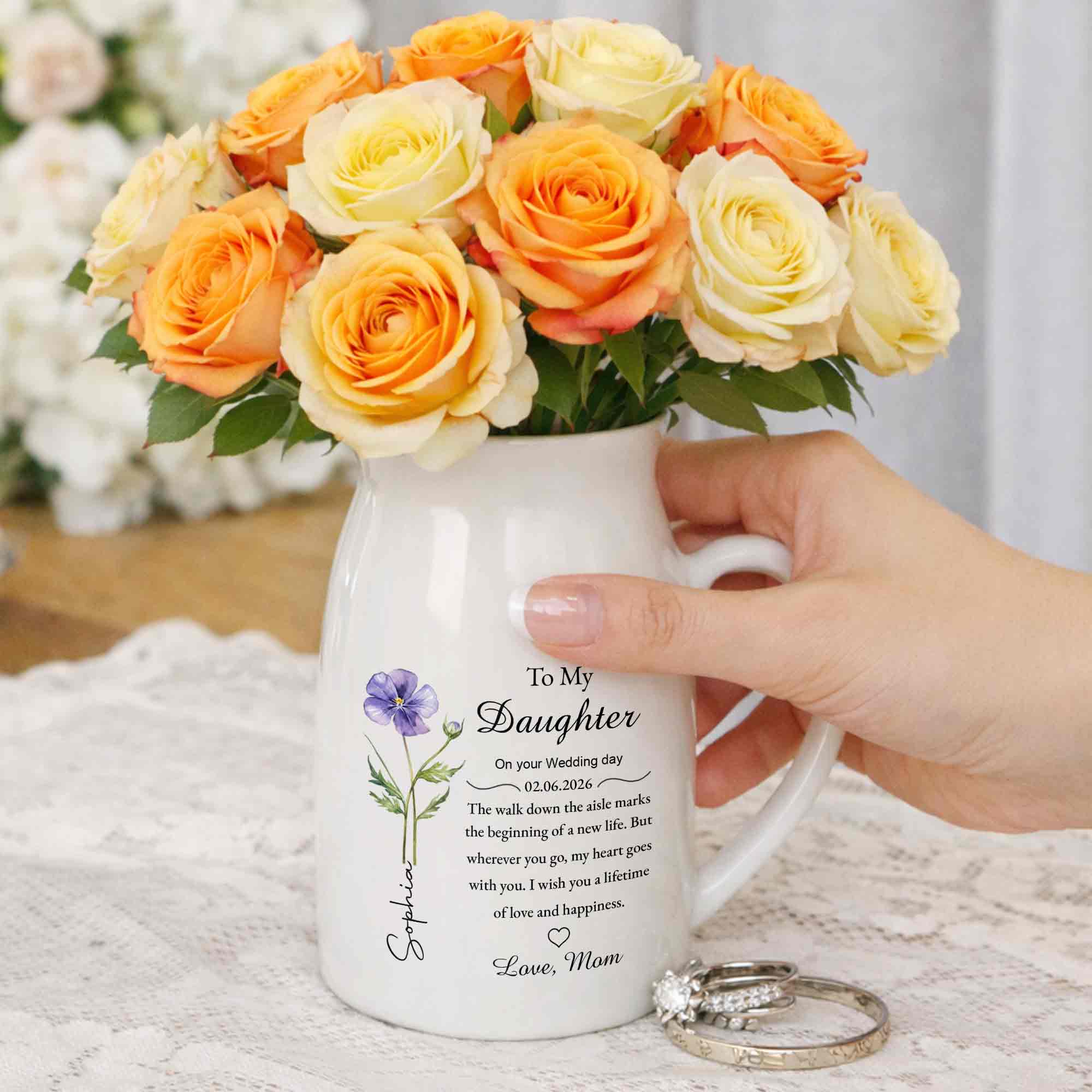 To My Daughter On Your Wedding Day Flower Heart Ceramic Pitcher - Personalized Ceramic Flower Vase - DAU322_CEV - Image 7