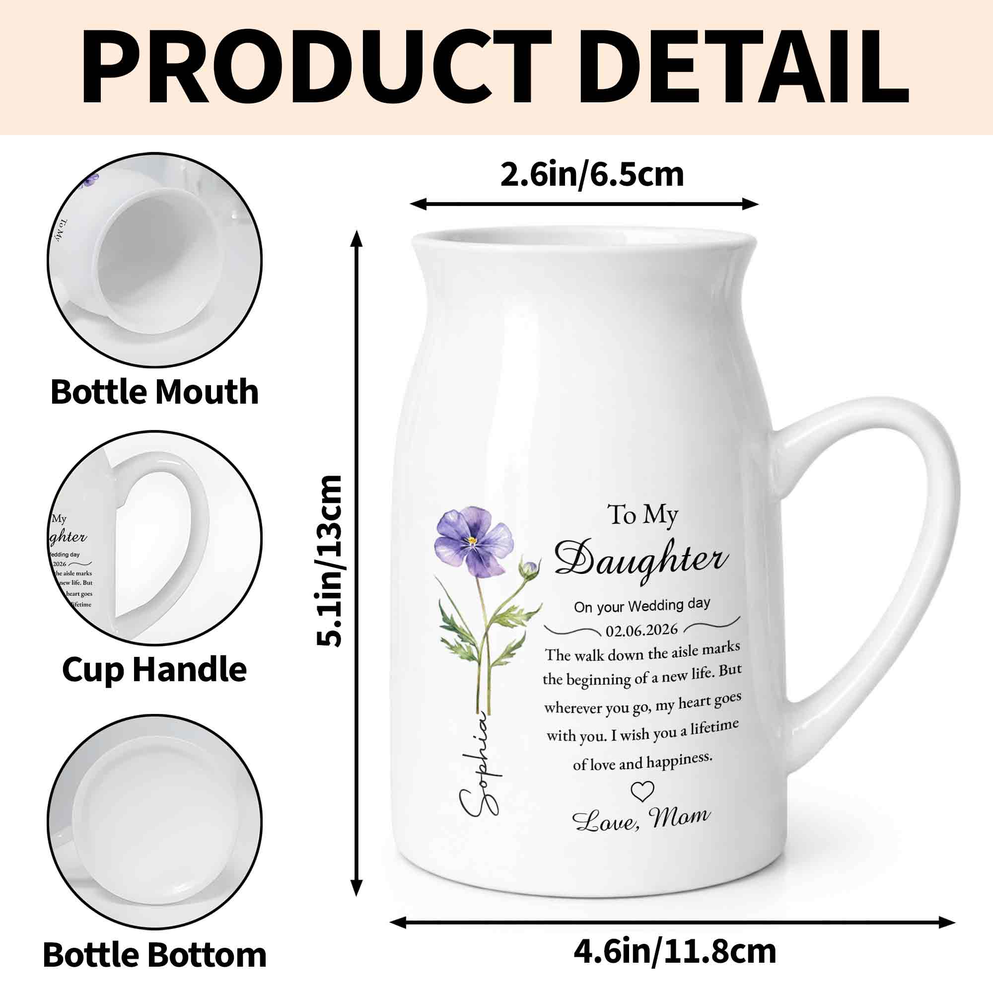 To My Daughter On Your Wedding Day Flower Heart Ceramic Pitcher - Personalized Ceramic Flower Vase - DAU322_CEV - Image 8