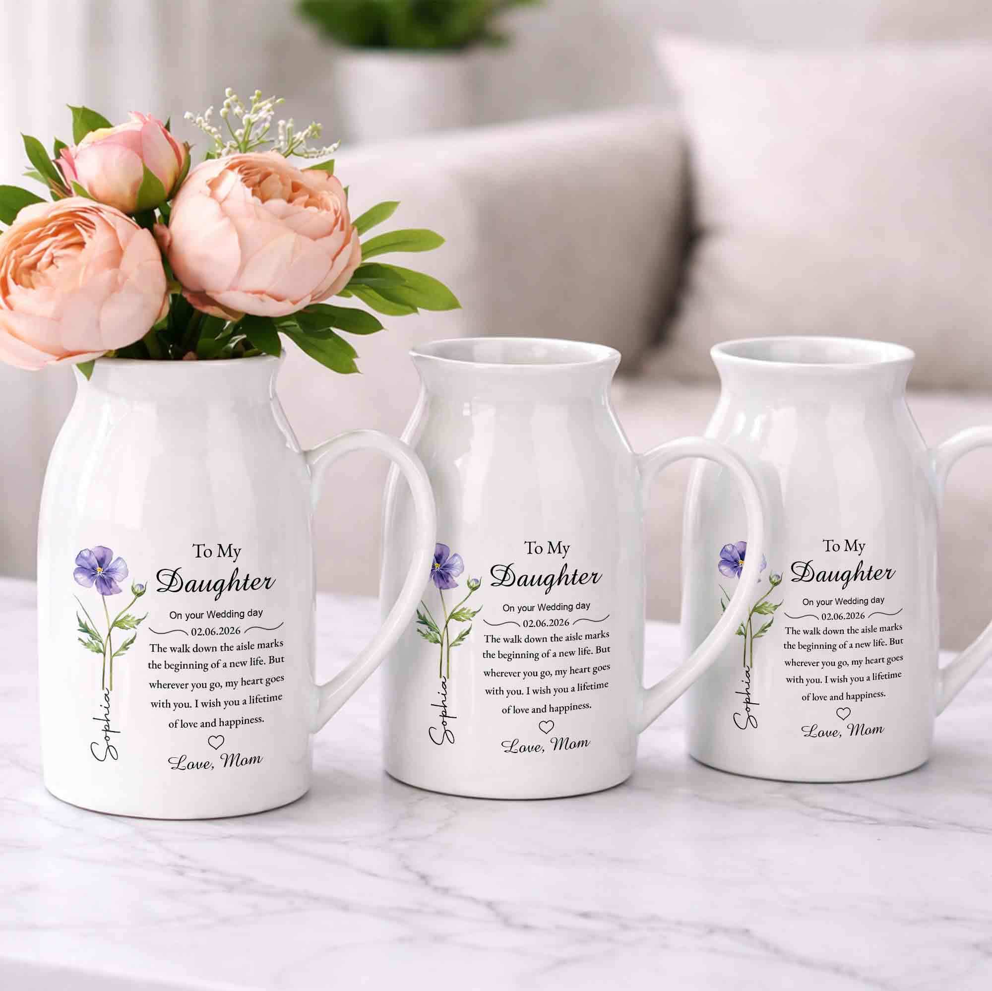 To My Daughter On Your Wedding Day Flower Heart Ceramic Pitcher - Personalized Ceramic Flower Vase - DAU322_CEV - Image 9