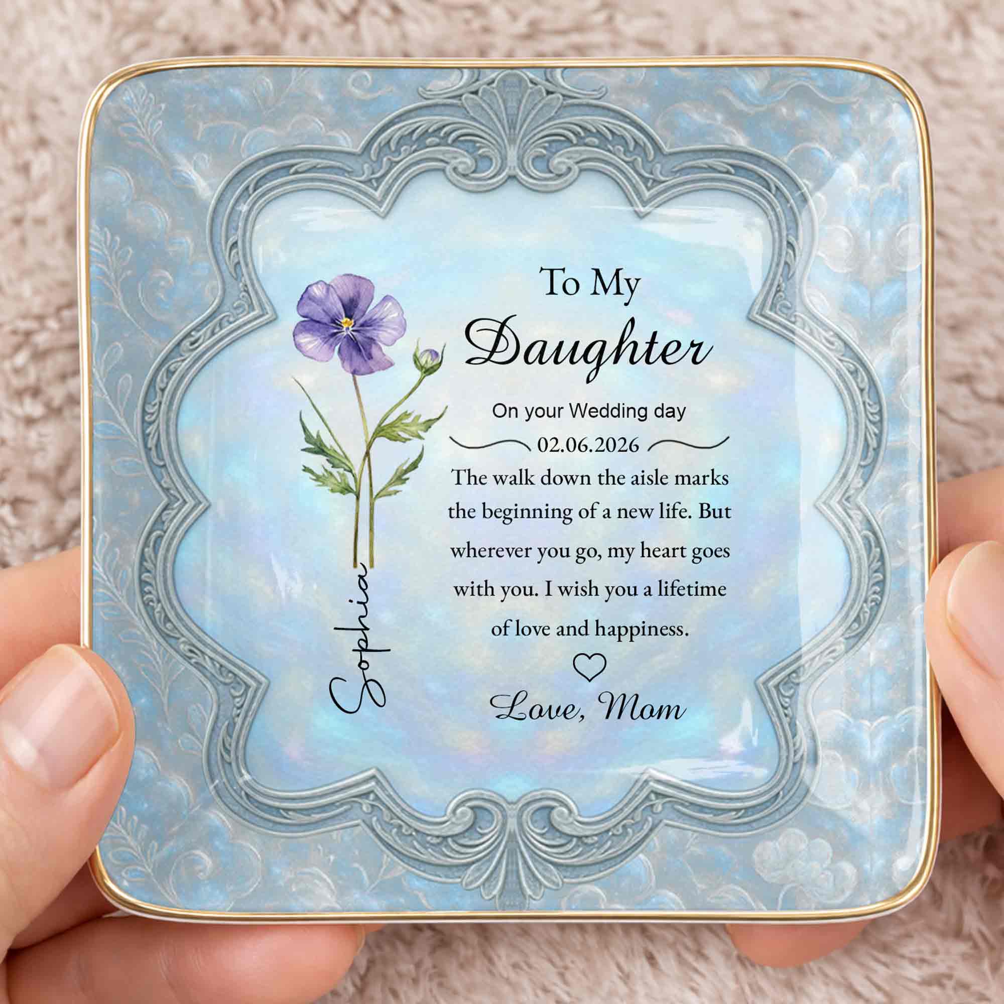 To My Daughter On Your Wedding Day Flower Jewelry Dish - Personalized Custom Jewelry Dish, Ceramic Dish, Square Shape - DAU351_SCRF - Image 2