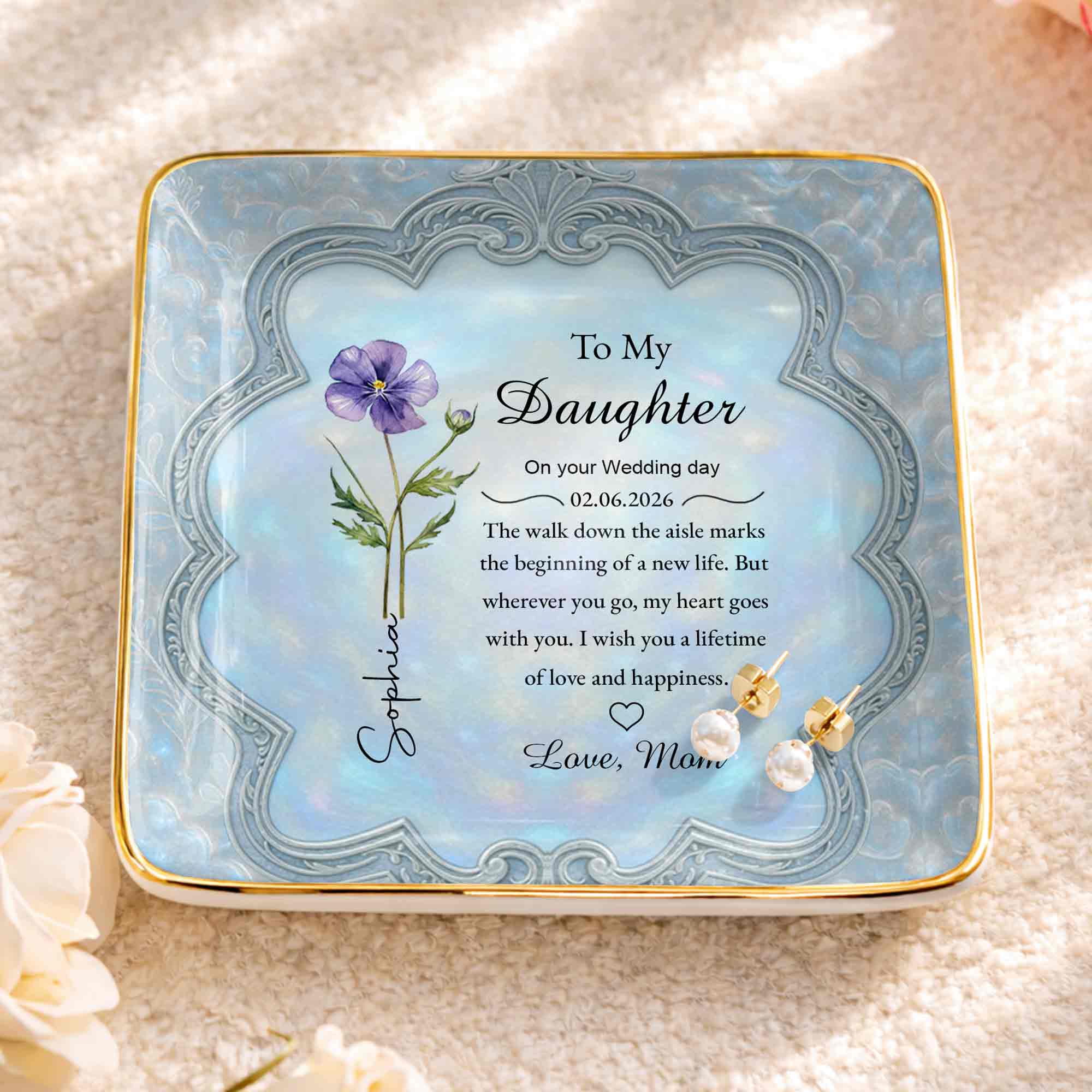 To My Daughter On Your Wedding Day Flower Jewelry Dish - Personalized Custom Jewelry Dish, Ceramic Dish, Square Shape - DAU351_SCRF - Image 3