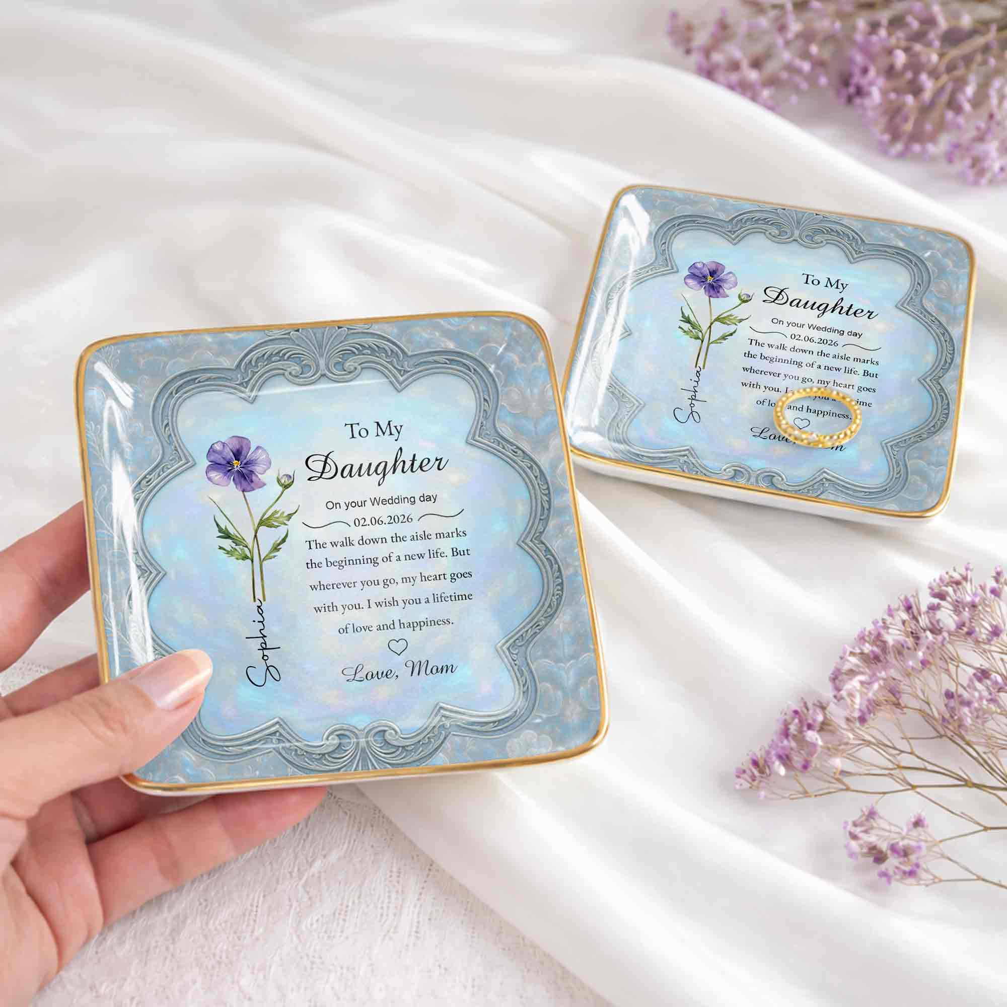 To My Daughter On Your Wedding Day Flower Jewelry Dish - Personalized Custom Jewelry Dish, Ceramic Dish, Square Shape - DAU351_SCRF - Image 4