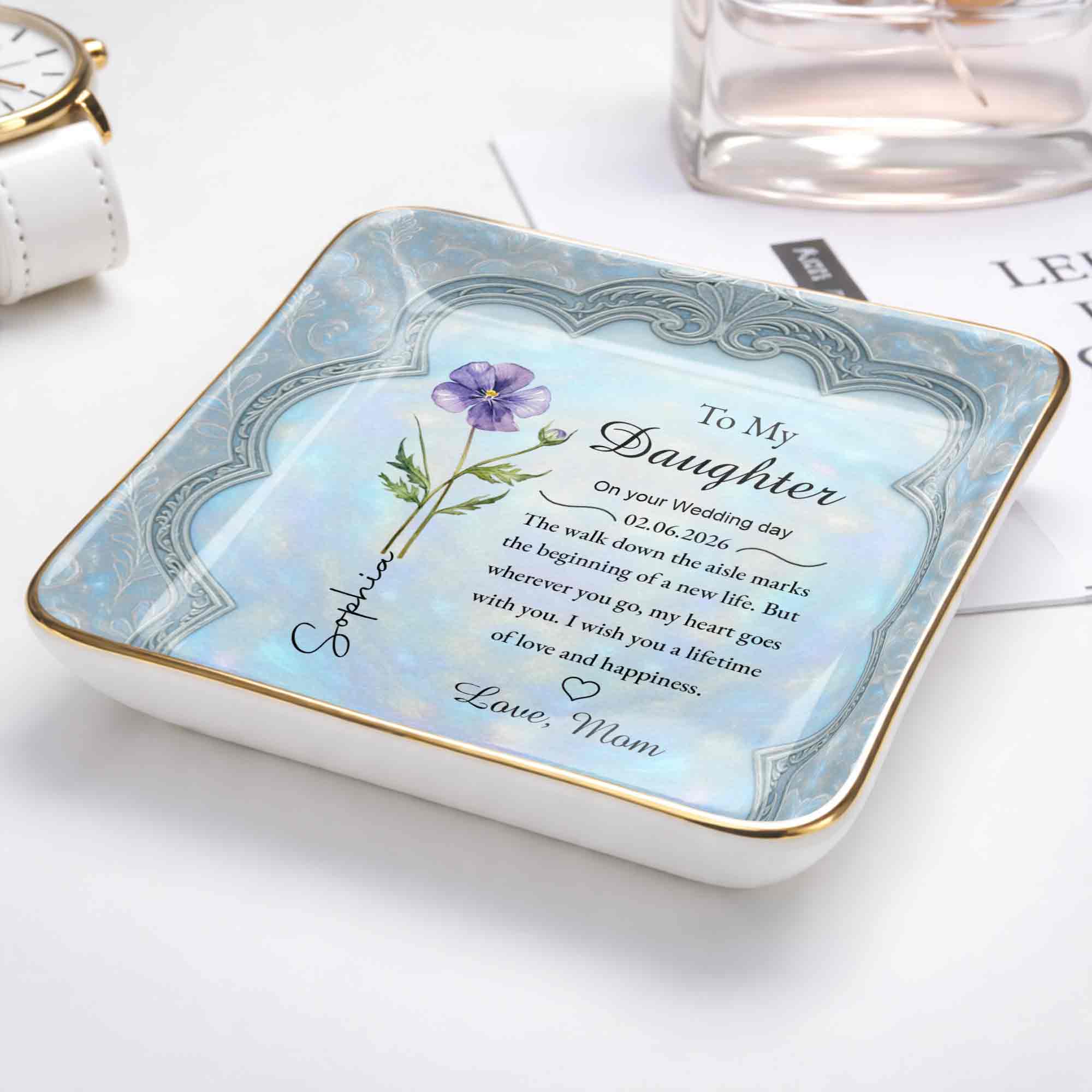 To My Daughter On Your Wedding Day Flower Jewelry Dish - Personalized Custom Jewelry Dish, Ceramic Dish, Square Shape - DAU351_SCRF - Image 5
