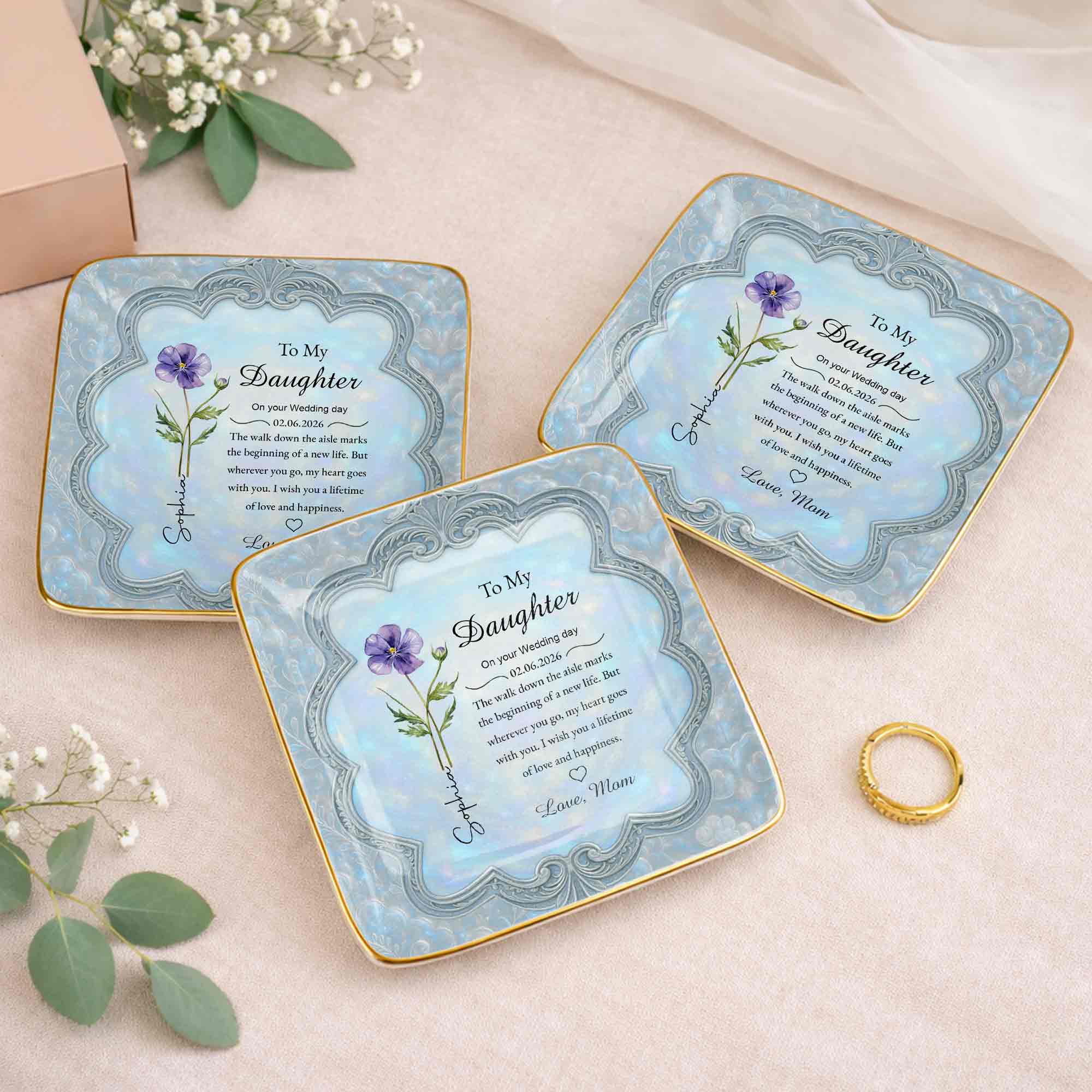 To My Daughter On Your Wedding Day Flower Jewelry Dish - Personalized Custom Jewelry Dish, Ceramic Dish, Square Shape - DAU351_SCRF - Image 6