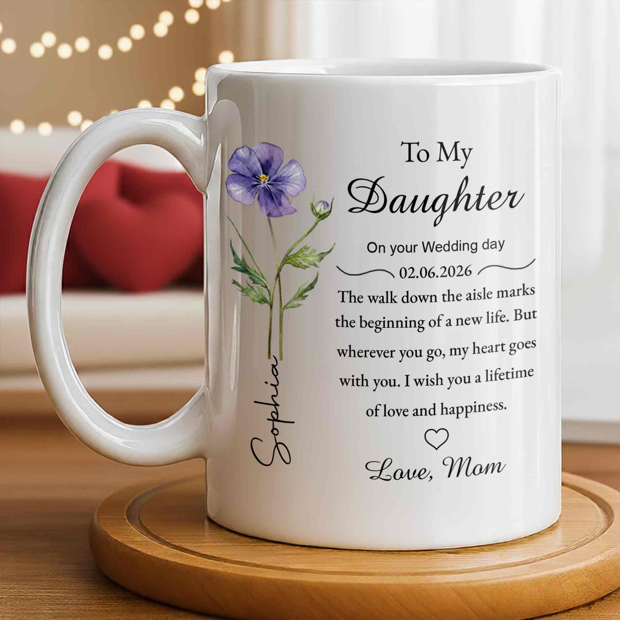 To My Daughter On Your Wedding Day Purple Flower Heart Design - Personalized Custom Coffee Mug - DAU322_MG - Image 4