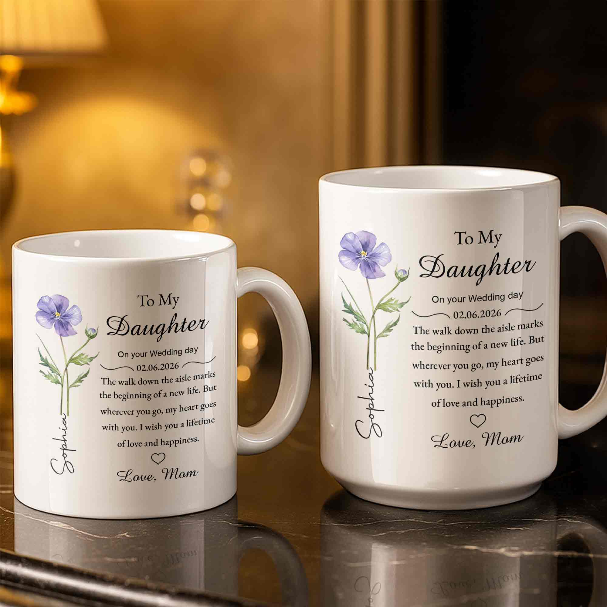 To My Daughter On Your Wedding Day Purple Flower Heart Design - Personalized Custom Coffee Mug - DAU322_MG - Image 5