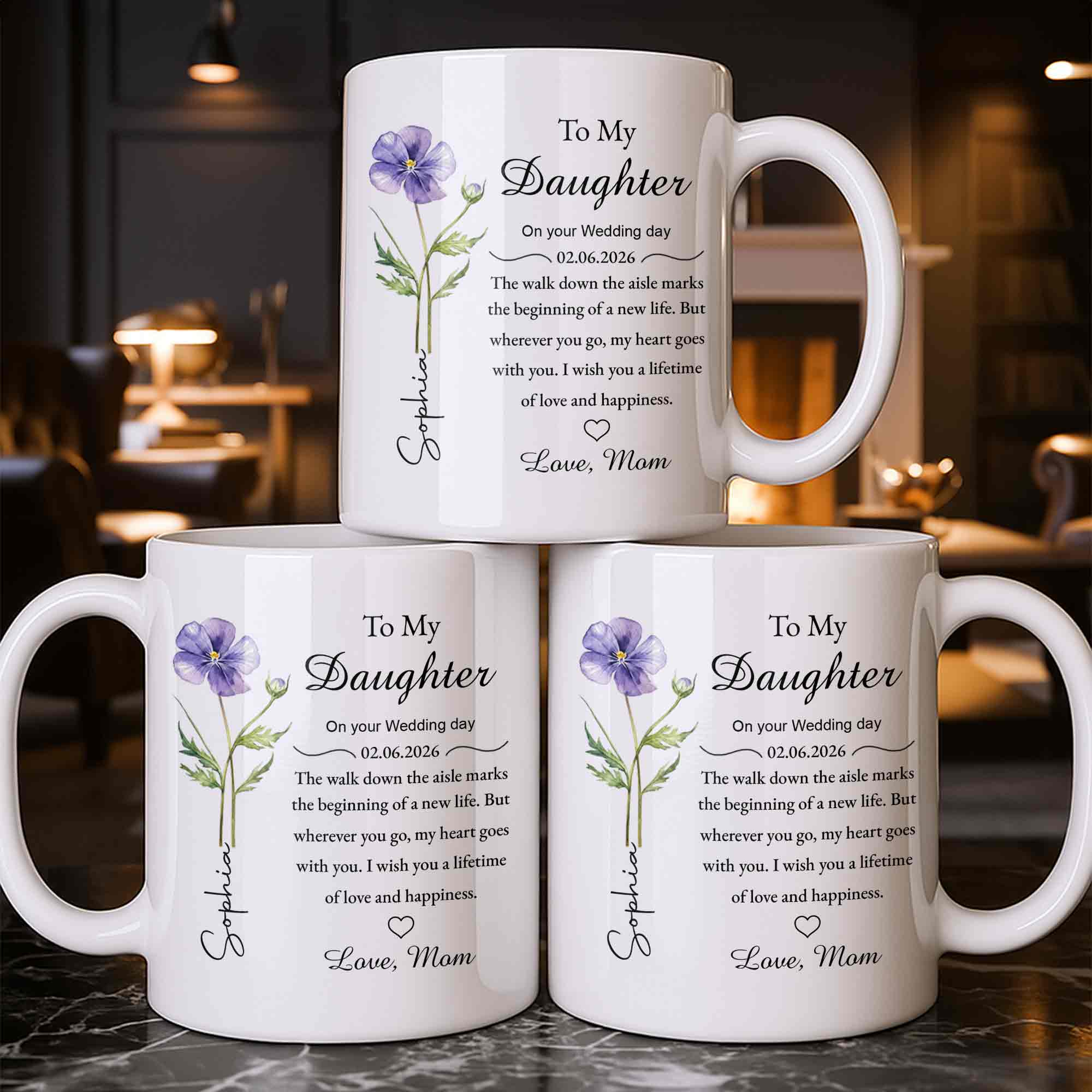 To My Daughter On Your Wedding Day Purple Flower Heart Design - Personalized Custom Coffee Mug - DAU322_MG - Image 8