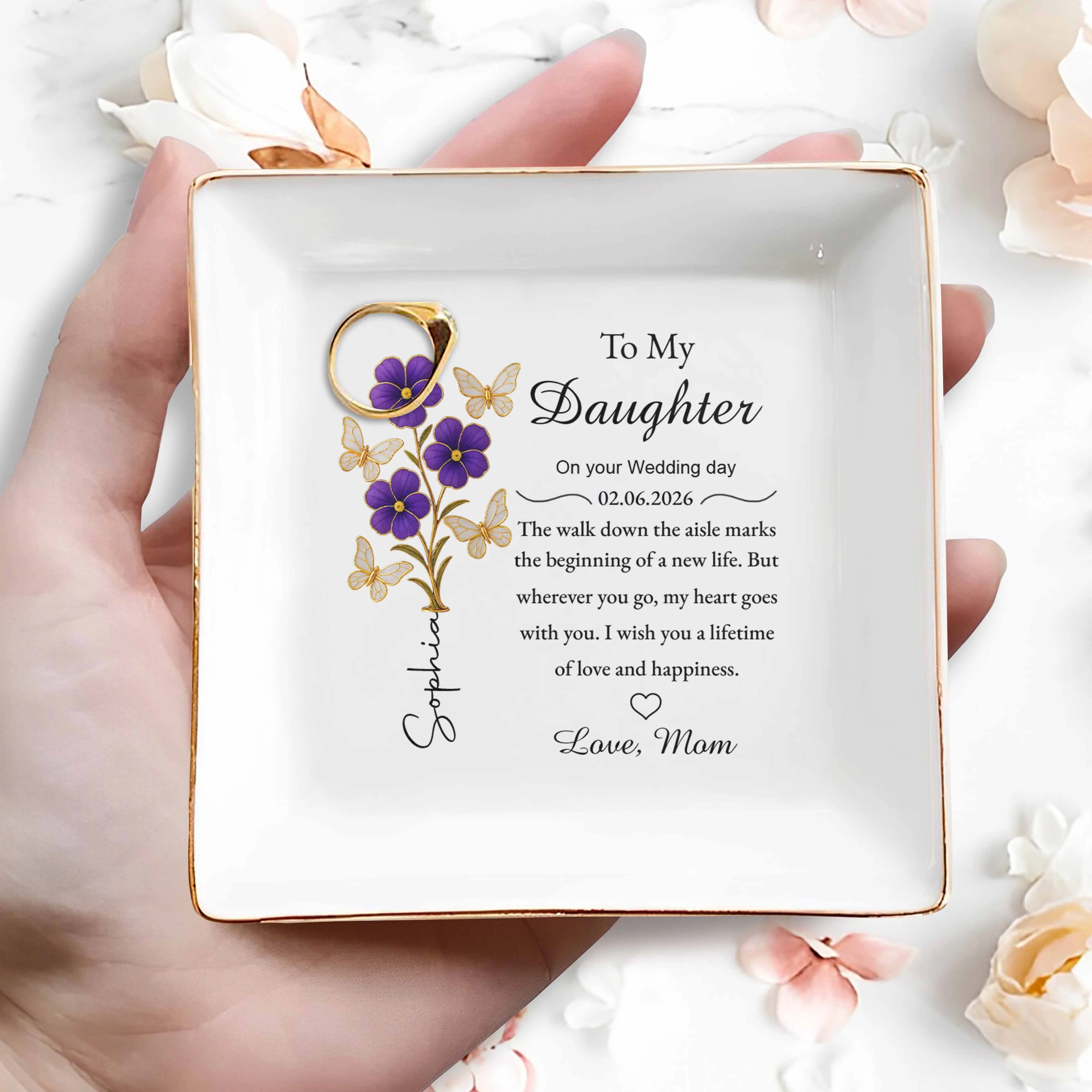 To My Daughter On Your Wedding Day Purple Flowers And Butterflies - Personalized Custom Jewelry Dish, Square Ceramic Dish - DAU360_SCRD - Image 2