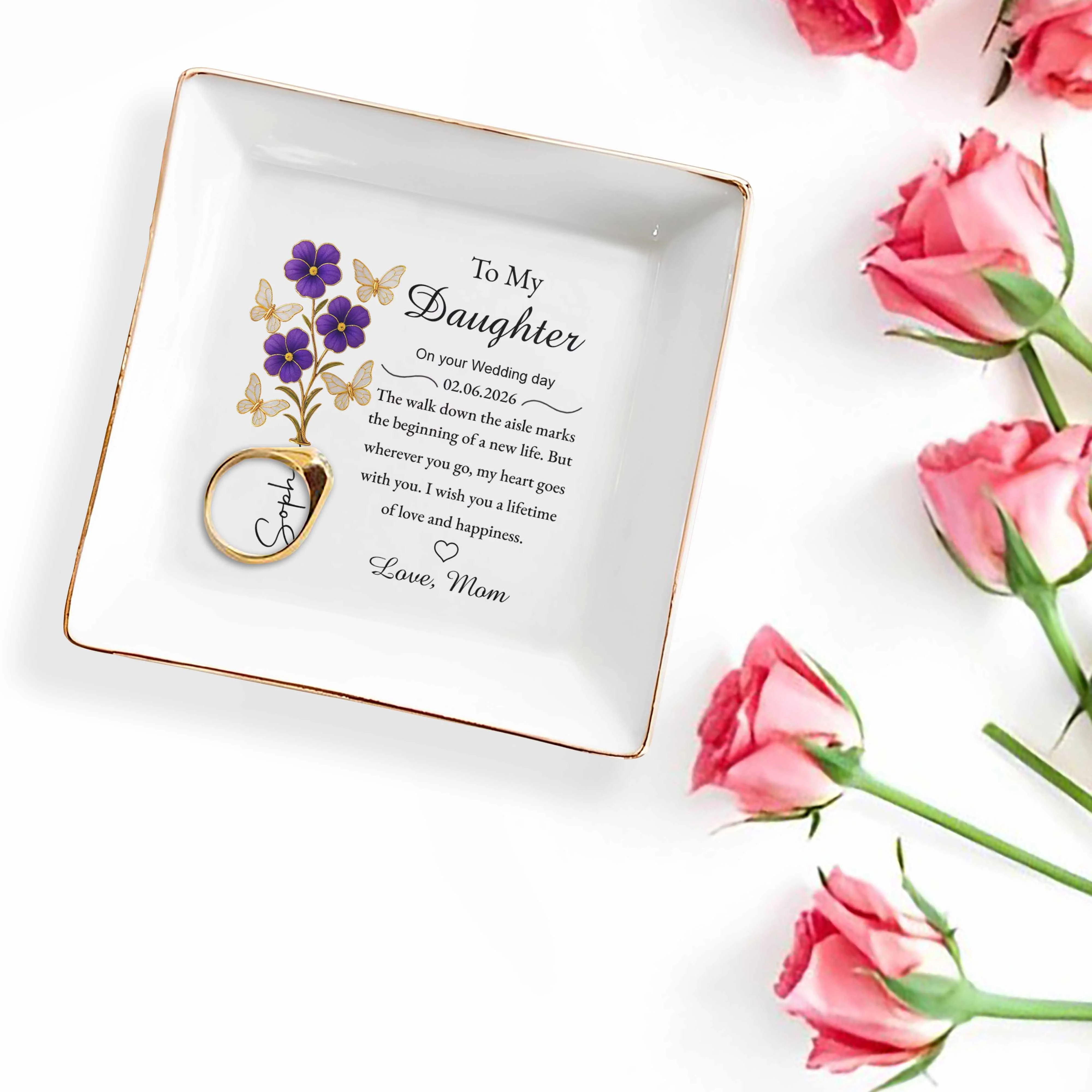 To My Daughter On Your Wedding Day Purple Flowers And Butterflies - Personalized Custom Jewelry Dish, Square Ceramic Dish - DAU360_SCRD - Image 3