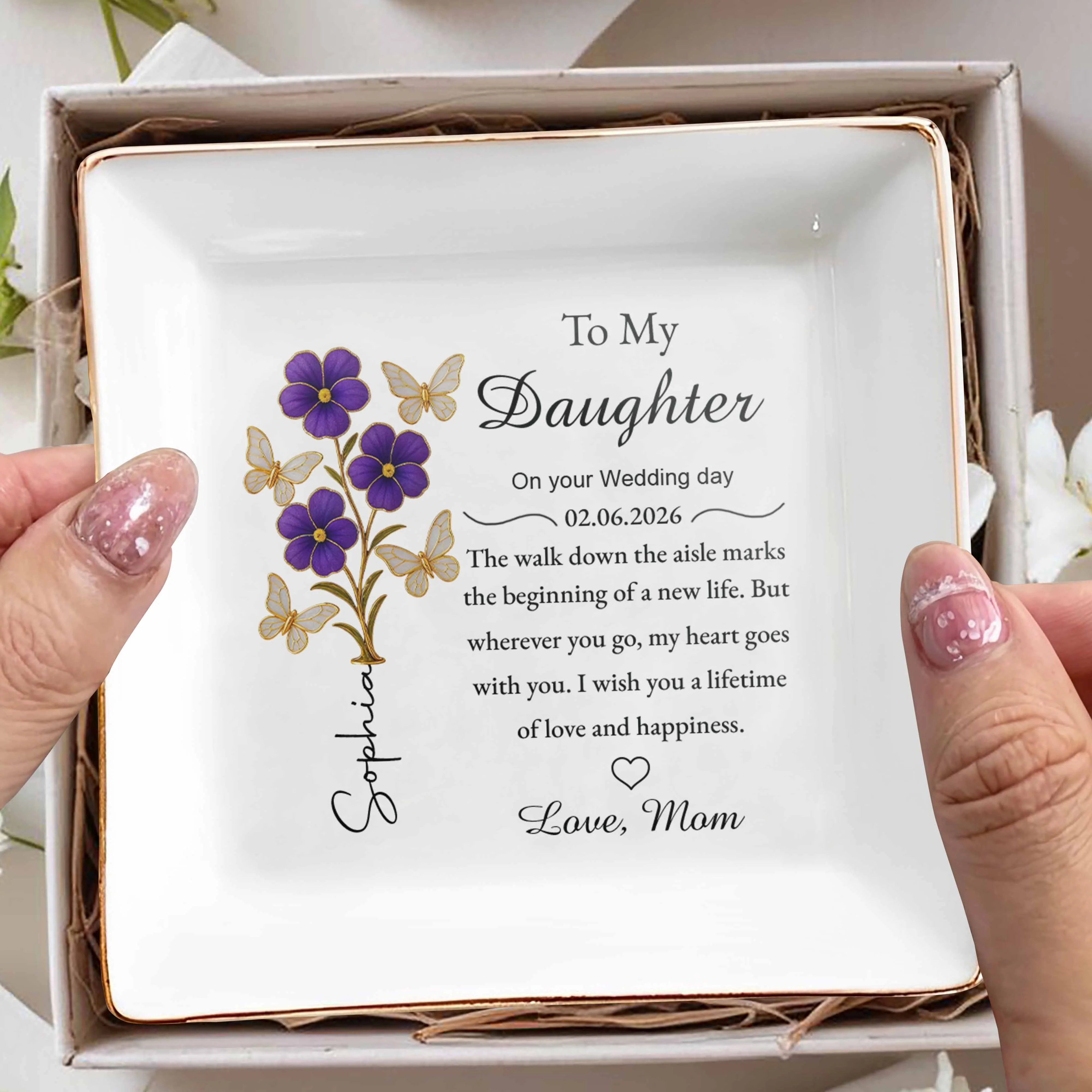 To My Daughter On Your Wedding Day Purple Flowers And Butterflies - Personalized Custom Jewelry Dish, Square Ceramic Dish - DAU360_SCRD - Image 7