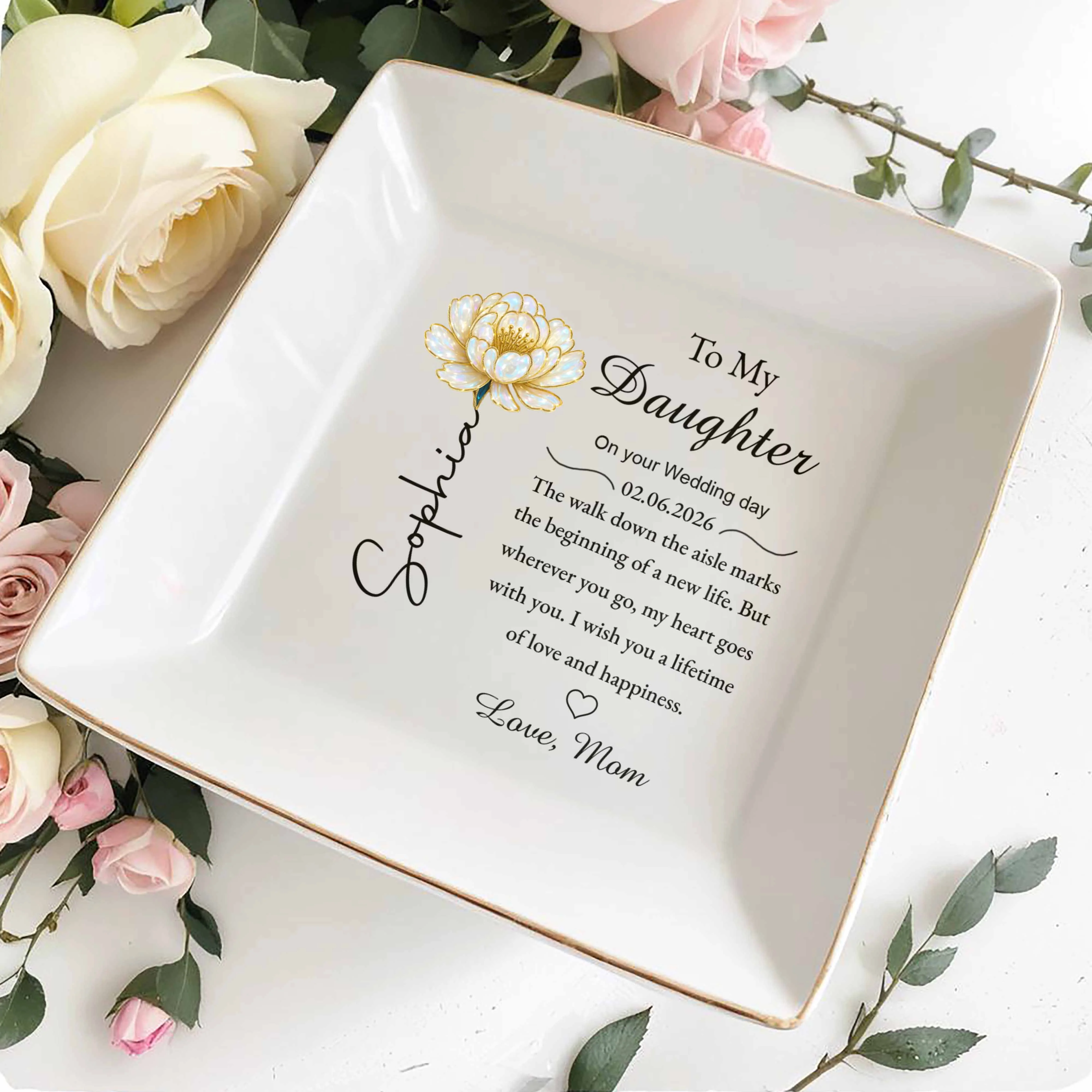 To My Daughter On Your Wedding Day With Flower And Heart - Personalized Custom Jewelry Dish, Square Ceramic Dish - DAU350_SCRD - Image 4