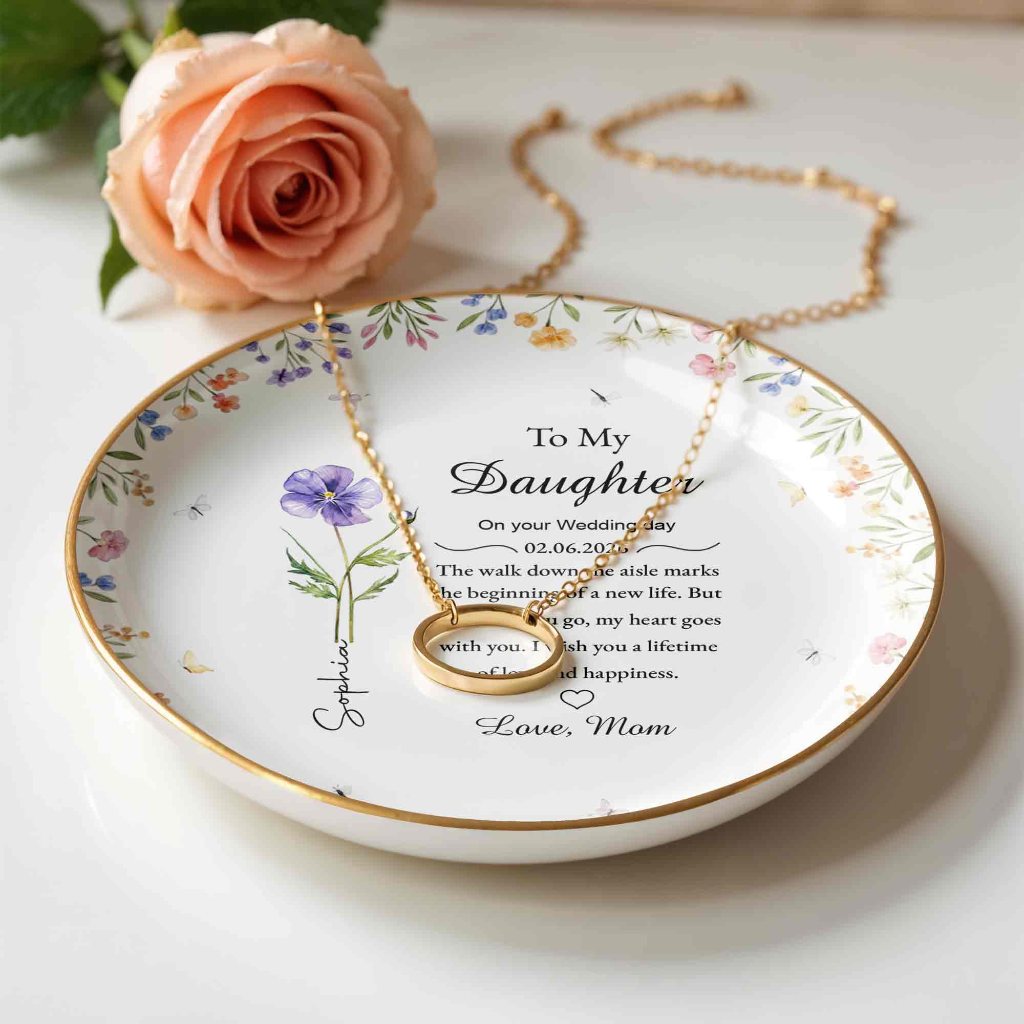To My Daughter On Your Wedding Day With Purple Flower And Wildflowers - Personalized Custom Jewelry Dish, Ceramic Dish, Round Shape - DAU322_RCRF - Image 2