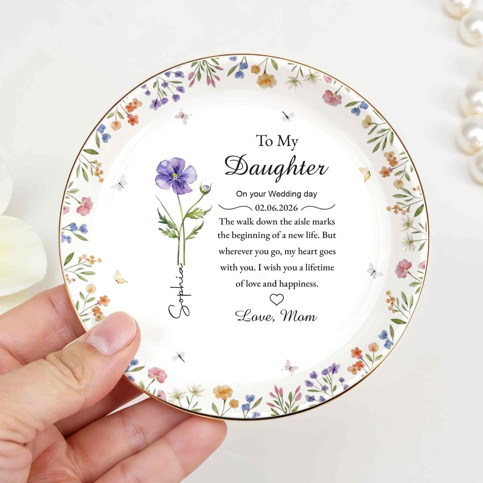 To My Daughter On Your Wedding Day With Purple Flower And Wildflowers - Personalized Custom Jewelry Dish, Ceramic Dish, Round Shape - DAU322_RCRF - Image 3