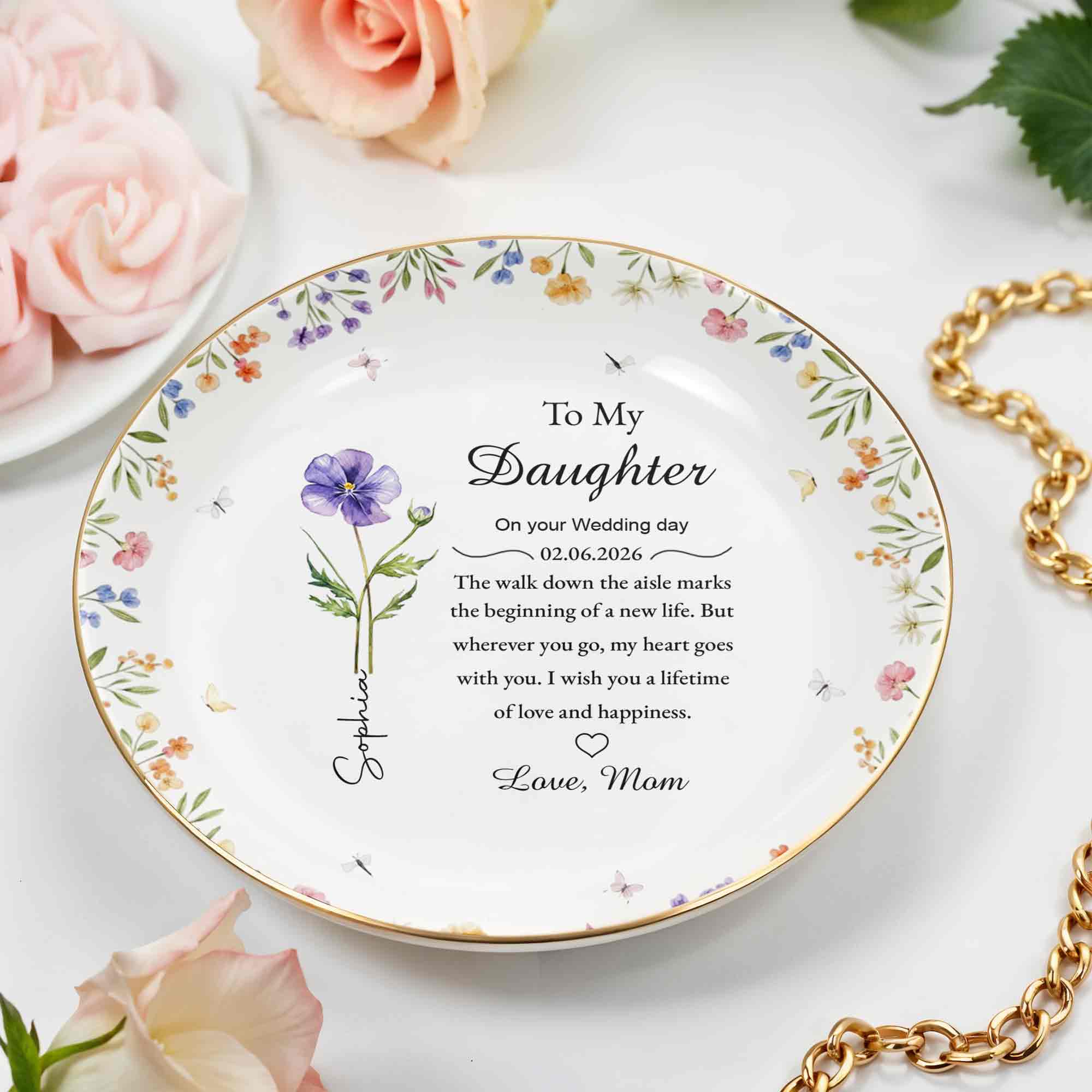 To My Daughter On Your Wedding Day With Purple Flower And Wildflowers - Personalized Custom Jewelry Dish, Ceramic Dish, Round Shape - DAU322_RCRF - Image 4