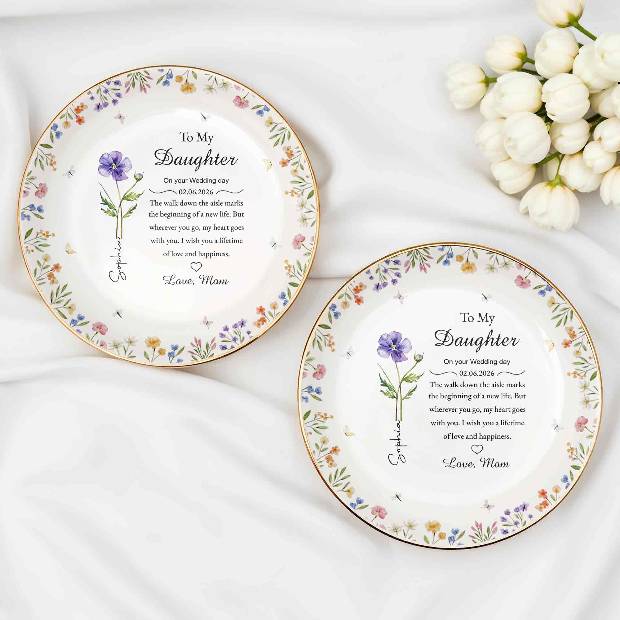 To My Daughter On Your Wedding Day With Purple Flower And Wildflowers - Personalized Custom Jewelry Dish, Ceramic Dish, Round Shape - DAU322_RCRF - Image 5