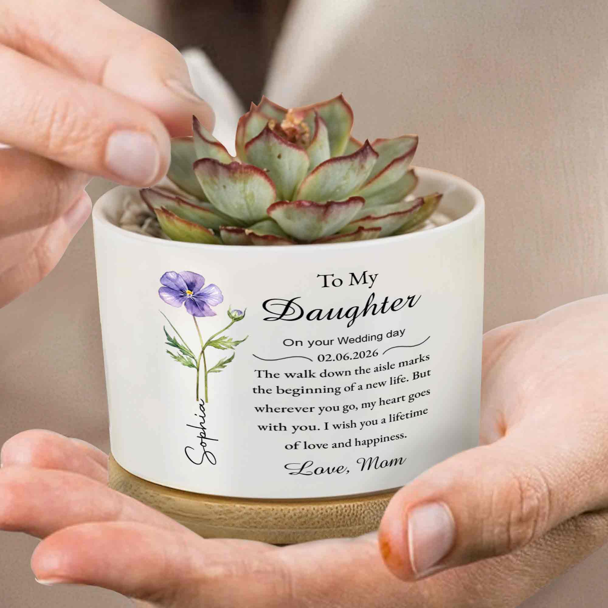 To My Daughter On Your Wedding Day With Purple Flower - Personalized Ceramic Plant Pot - DAU322_CEP - Image 2