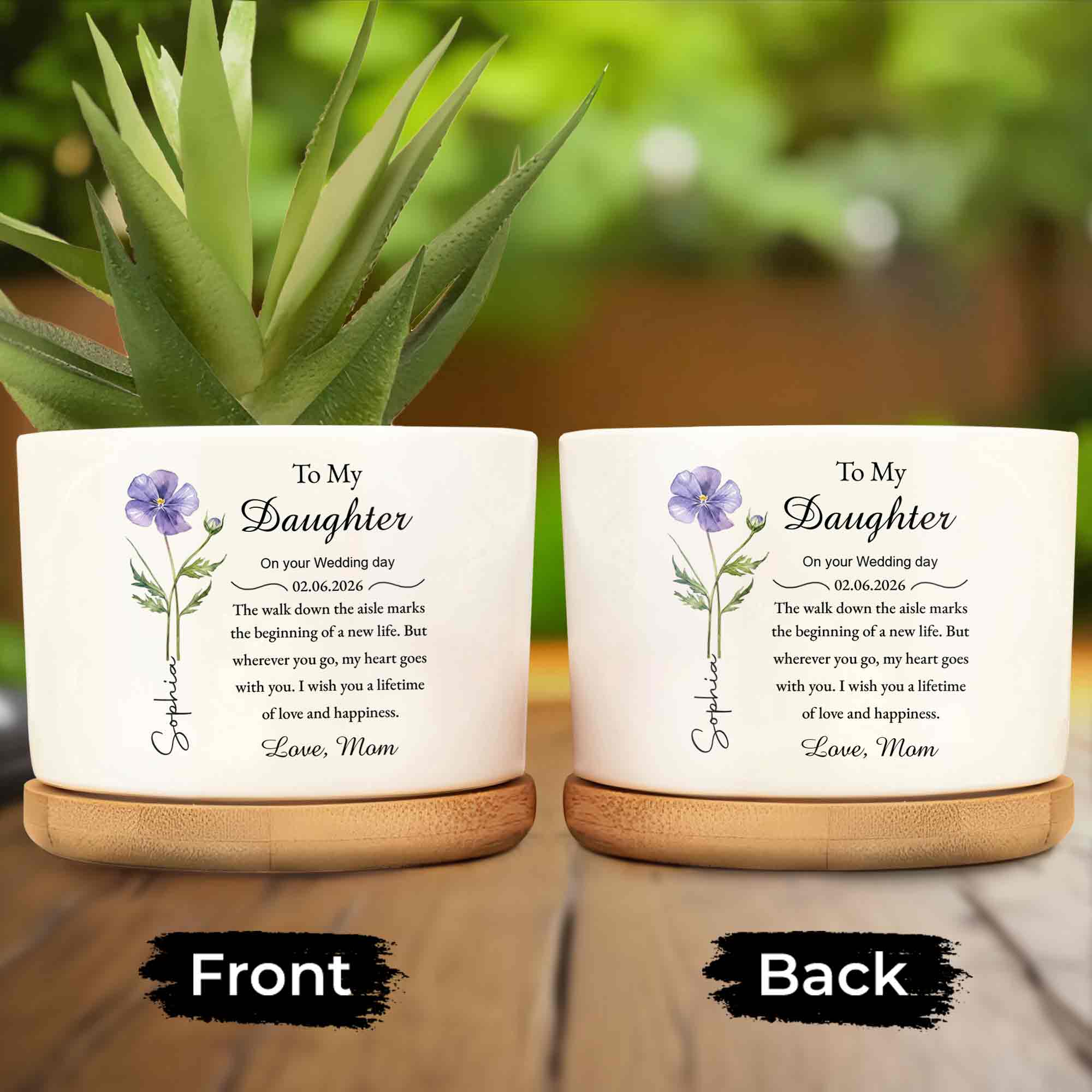 To My Daughter On Your Wedding Day With Purple Flower - Personalized Ceramic Plant Pot - DAU322_CEP - Image 3