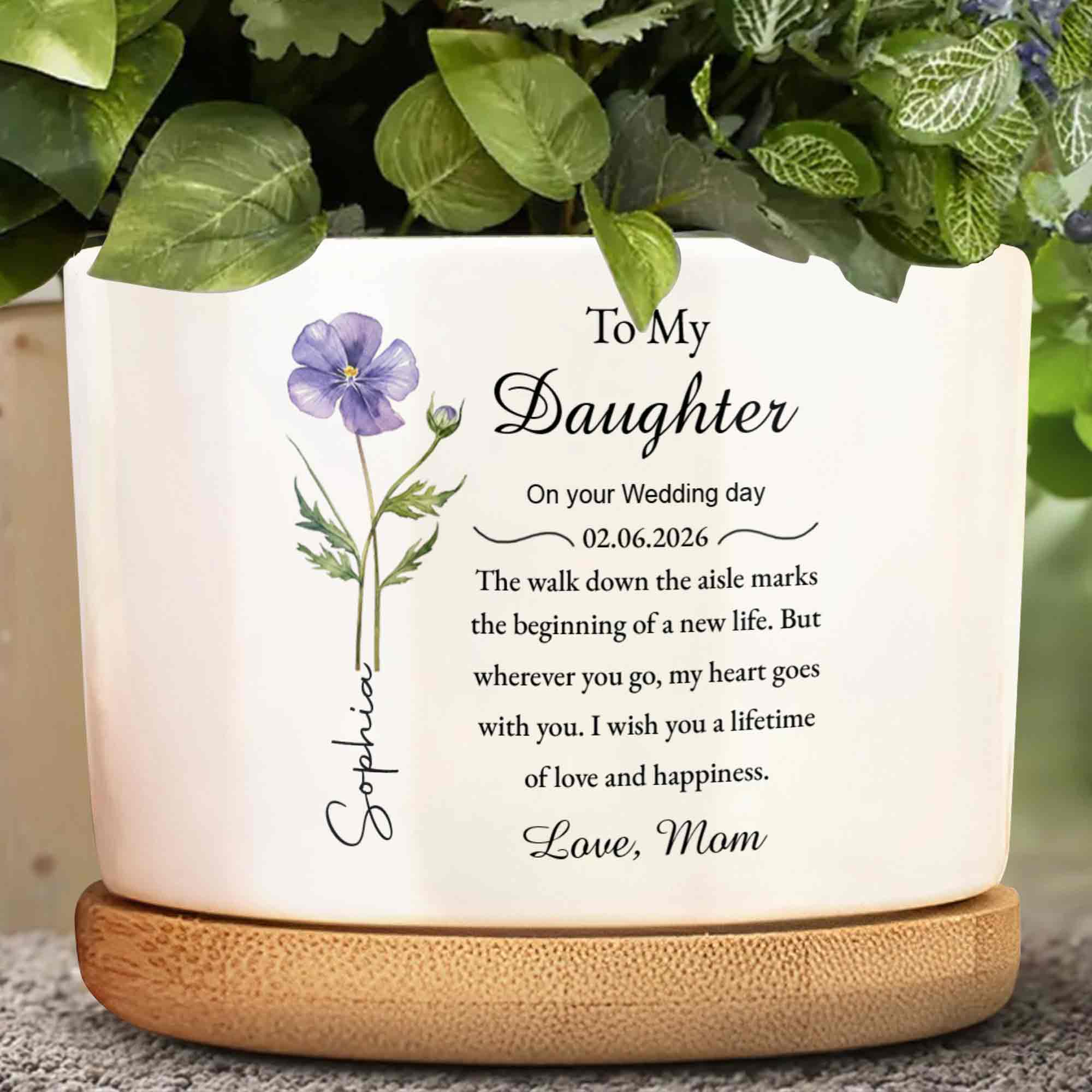 To My Daughter On Your Wedding Day With Purple Flower - Personalized Ceramic Plant Pot - DAU322_CEP - Image 4