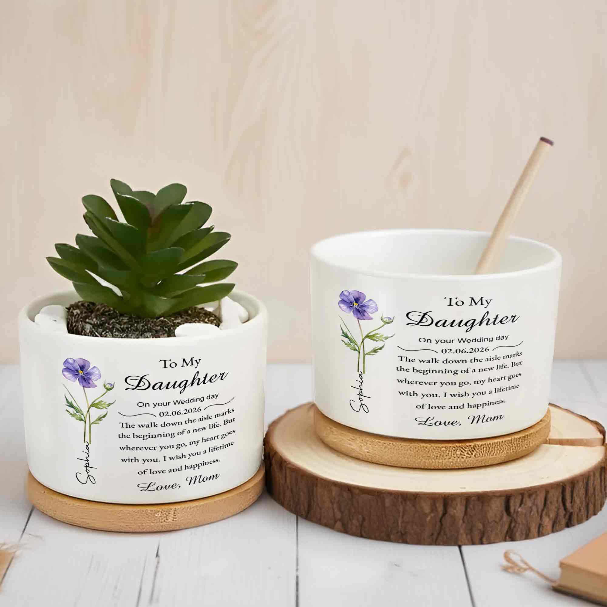 To My Daughter On Your Wedding Day With Purple Flower - Personalized Ceramic Plant Pot - DAU322_CEP - Image 5