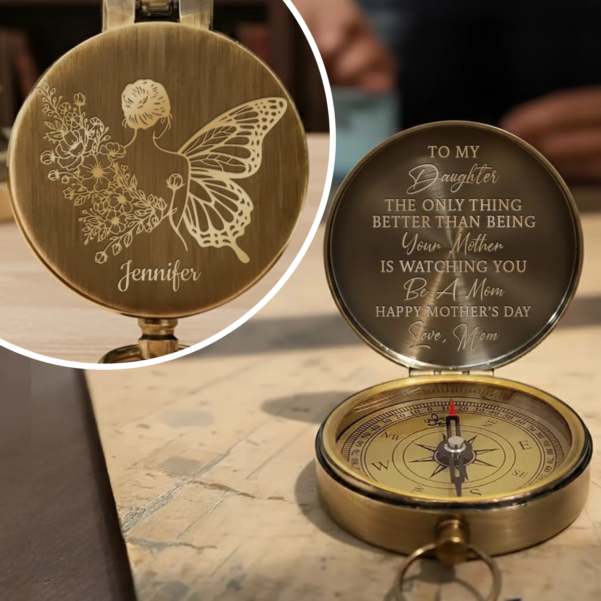 To My Daughter The Only Thing Better Butterfly Woman Flowers - Personalized Engraved Brass Compass - DAU332_ECPASS - Image 2